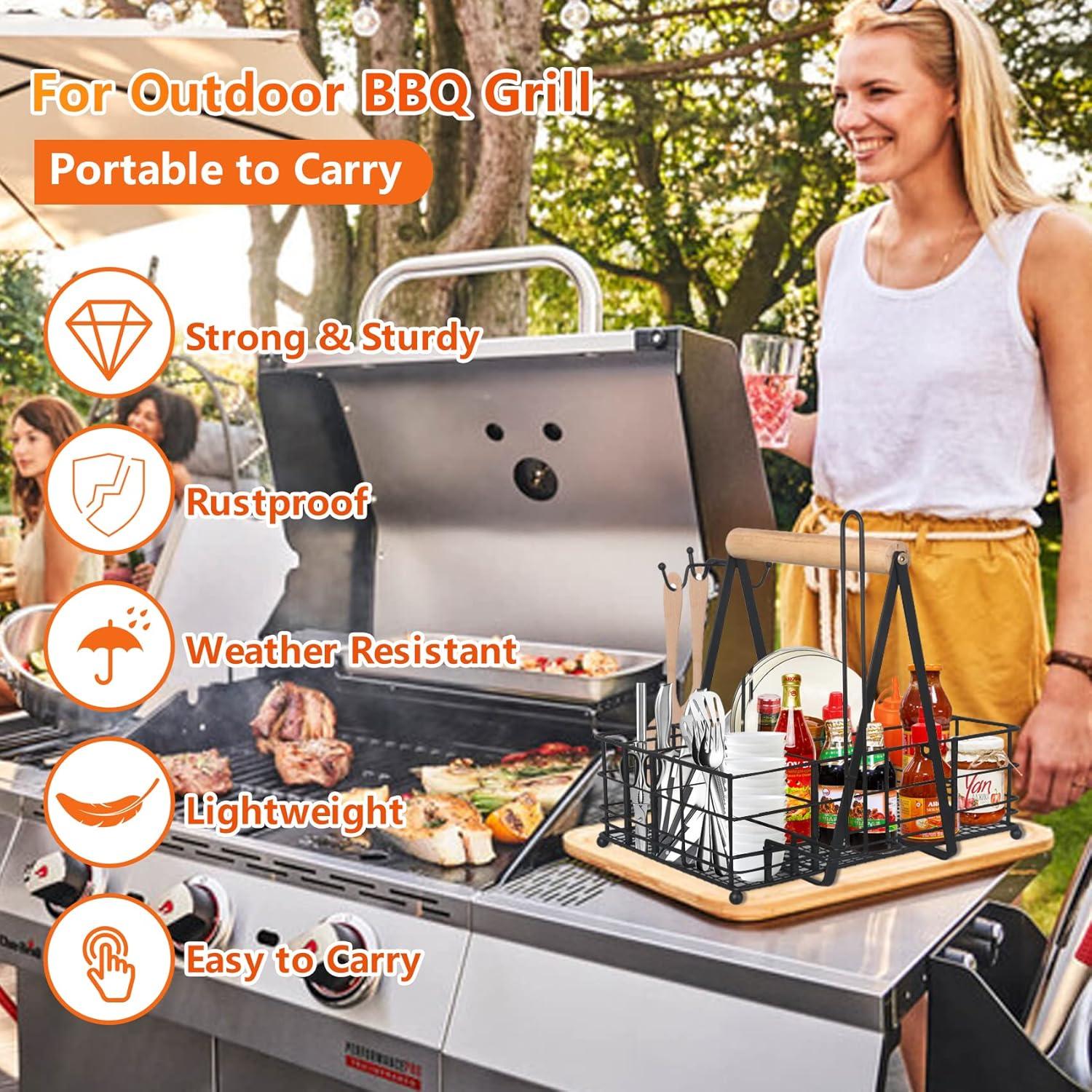 Stack man Grill Caddy, Picnic Utensil Caddy With Paper Towel Holder For Griddle Smoker Outdoor Grill Carry System Camp Kitchen Organizer BBQ Basket Camping Glamping Essentials RV Accessories