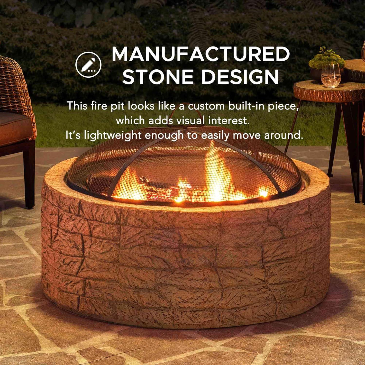 SUNJOY 26 Inch Stone Fire Pit, Patio Outdoor Round Wood Burning Fire Pits for Outside with Spark Screen and Poker, Khaki