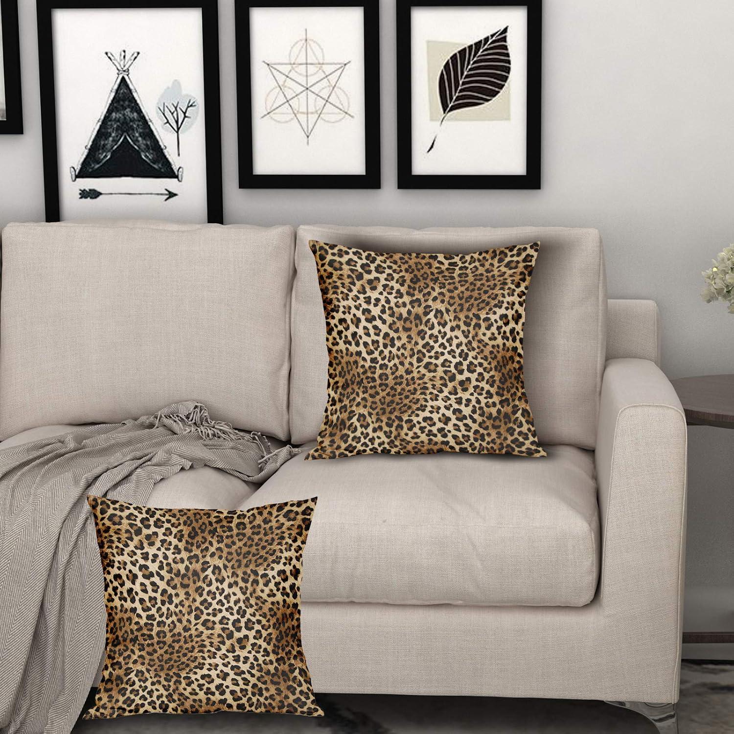 Brown Leopard Throw Pillow Cover - 2 Pcs Cheetah Pillow Case 20x20 inch Cotton Soft Animal Print Pillows Covers Decorative Cushion Cover for Home Couch Bed Sofa Double Side Printed