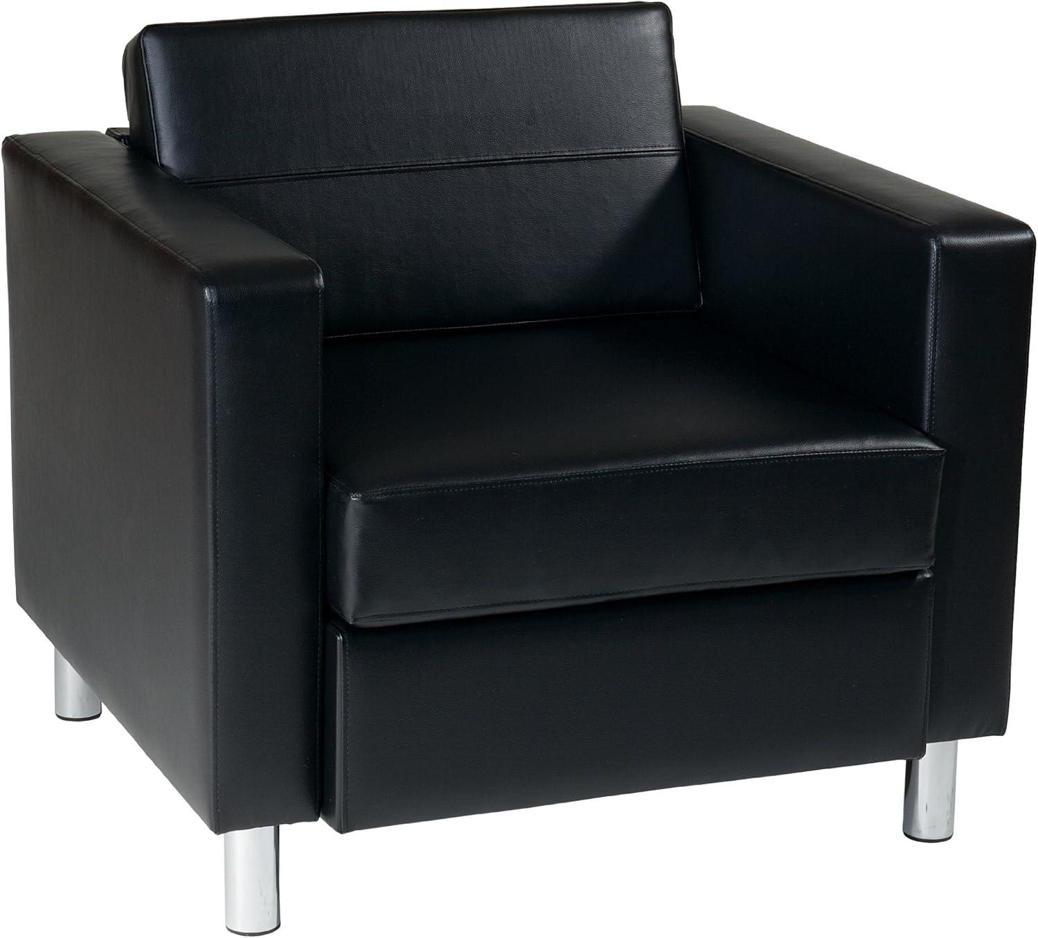 Contemporary Black Faux Leather Barrel Accent Chair with Silver Metal Legs