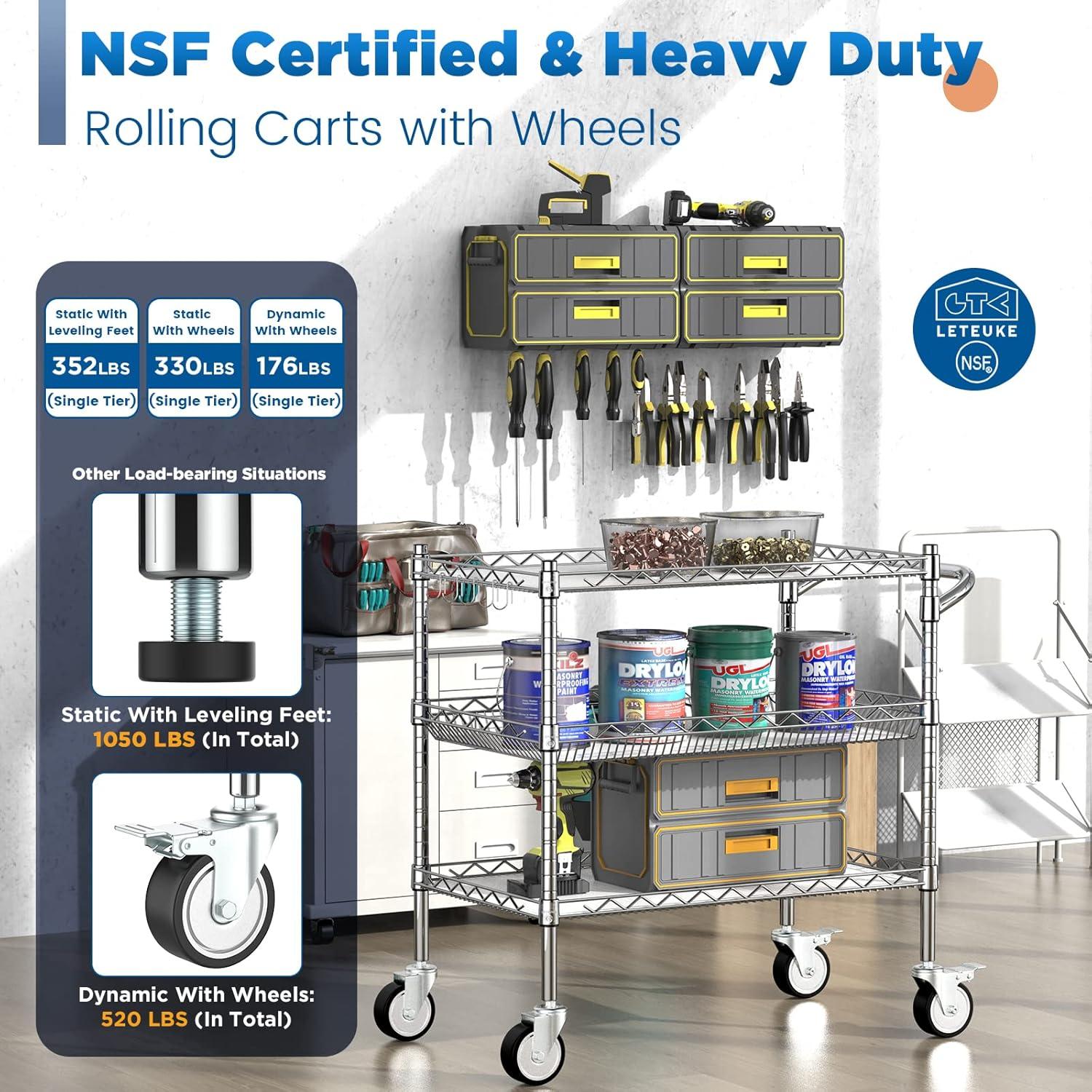 Leteuke Heavy Duty 3 Tier Rolling Utility Cart,NSF Certified 990Lbs Capacity Rolling Carts with Wheels,Commercial Grade Metal Cart with Handle Bar & Shelf Liner,Trolley Serving Cart for Kitchen,Chrome