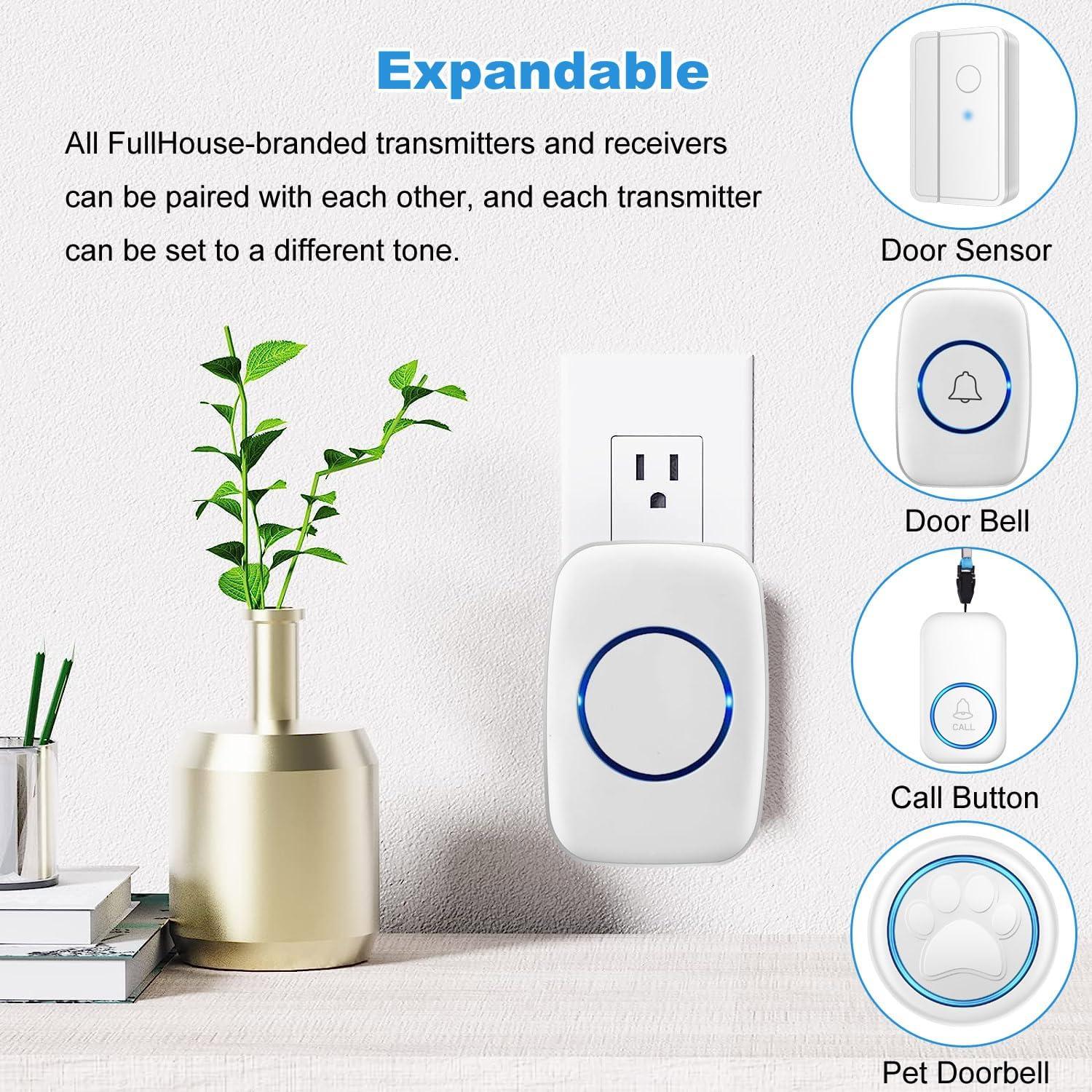 Wireless Doorbell, FullHouse Waterproof Door Bell Kit, Distinguish front and rear doors, Over 1000 feet Range and 60 Chime, 5 Levels Volume and LED Flash, for Home Office Classroom