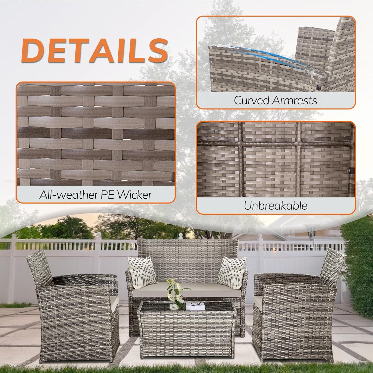 4 Piece Patio Furniture Set,Outdoor Wicker Conversation Sets,Rattan Sectional Sofa w/Coffee Table,Seat Cushions for Backyard Porch Garden Poolside (Gray/Gray)