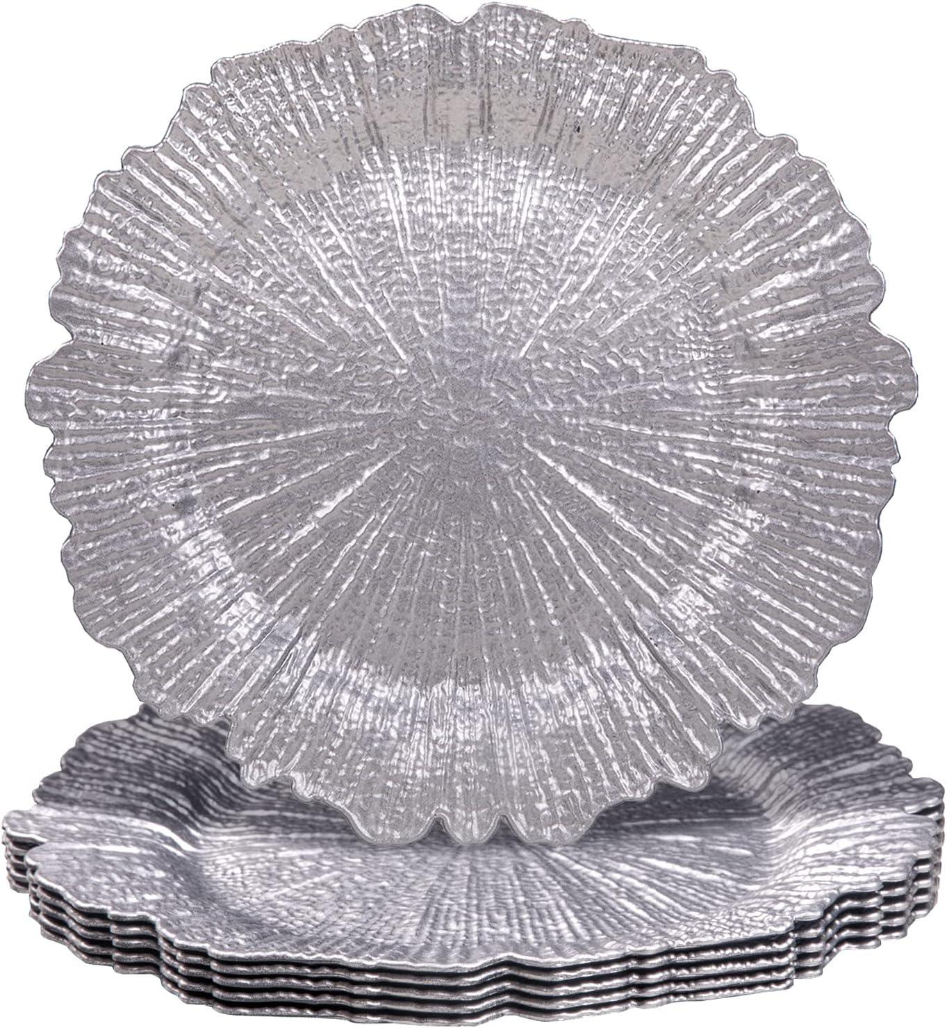 Craft and Party Charger Plate, 6 pcs 13" Round Silver Plastic Reef Charger Plate For Weddings And Elegant Settings With A Metallic Finish