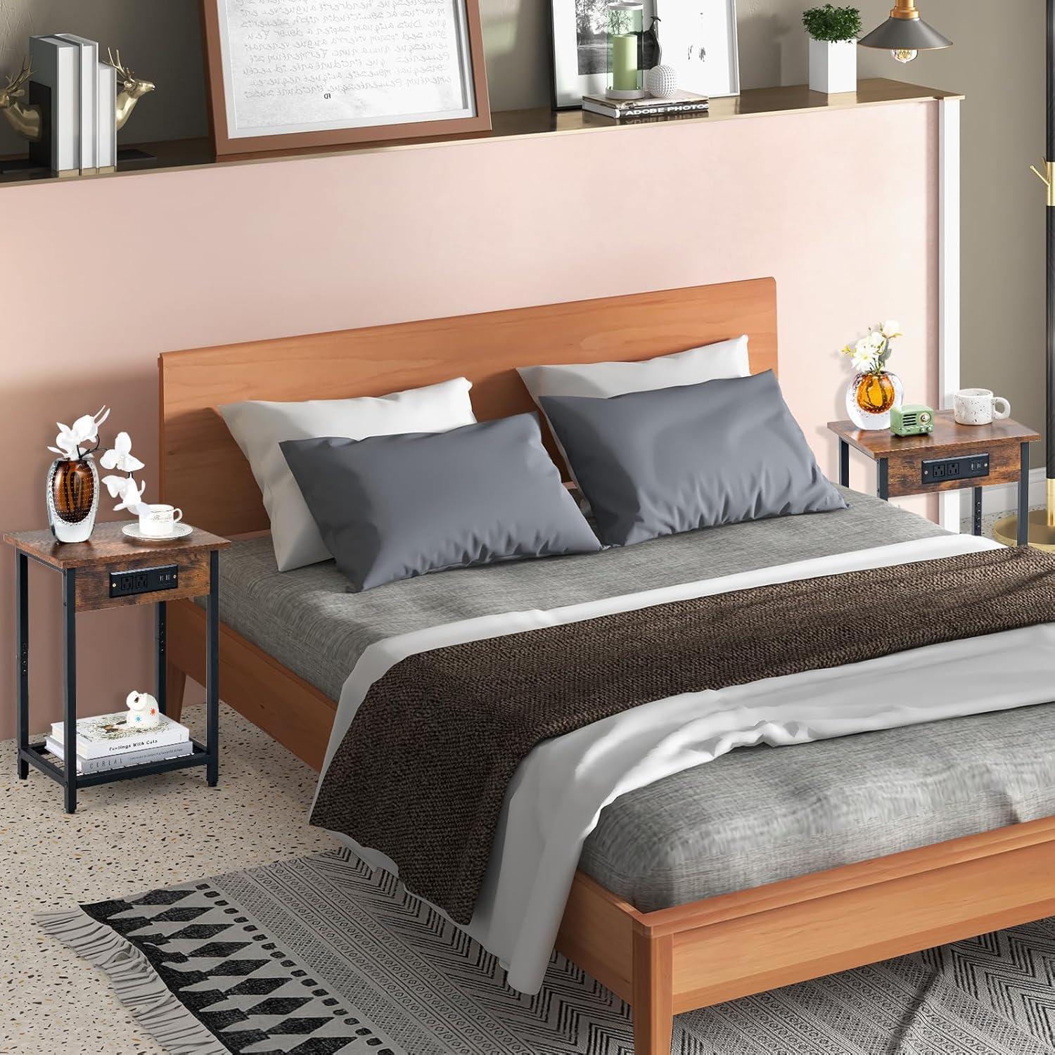 Costway Set of 2 End Tables with Charging Station Industrial Bed Side Table with AC Outlets & USB Port Rustic Brown