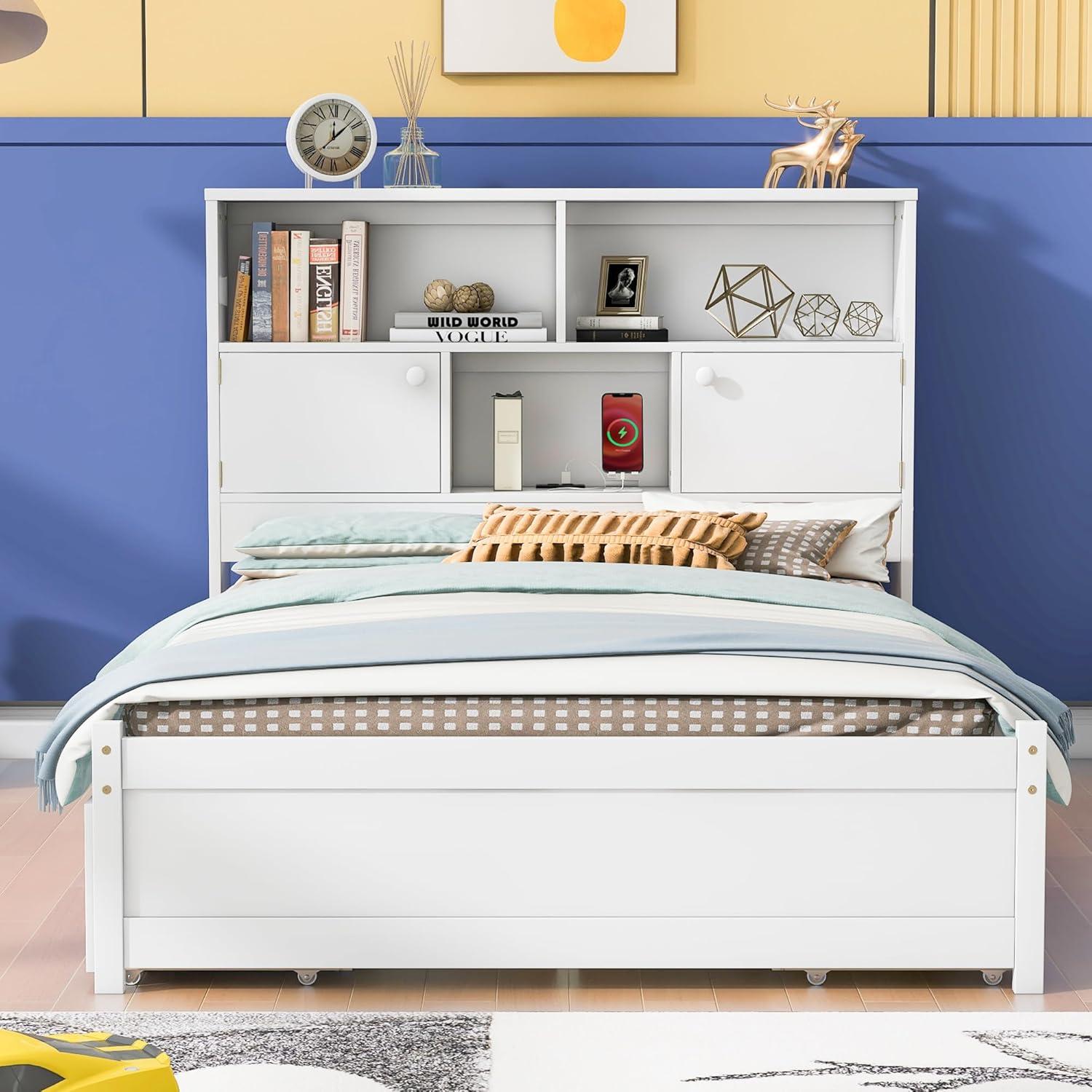 White Full Size Platform Bed with Storage Drawers and Bookcase Headboard