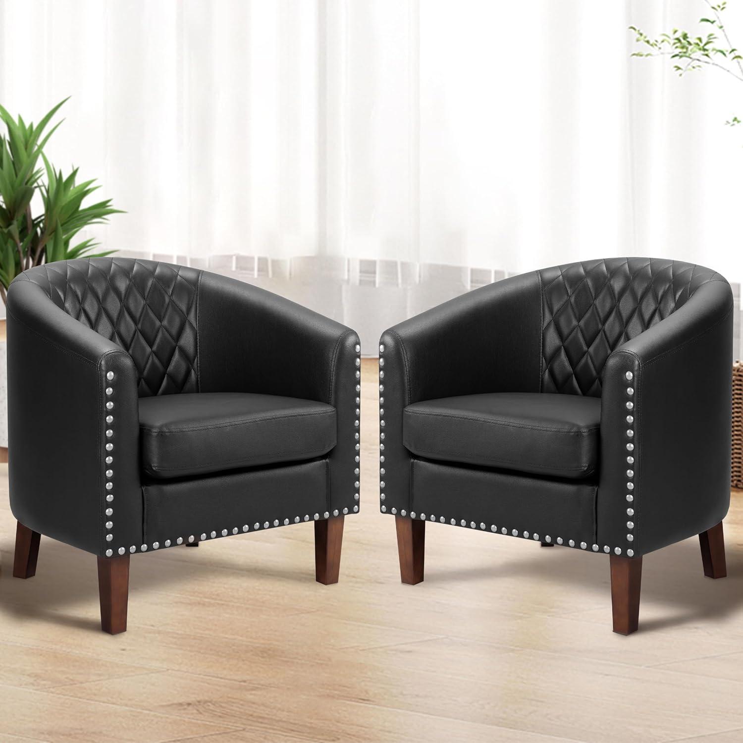 Black Faux Leather Barrel Chair Set with Nailhead Trim