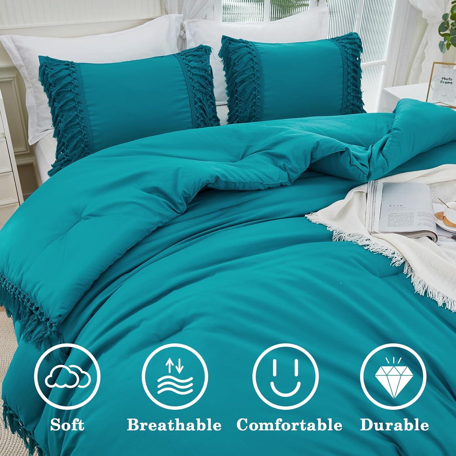 Turquoise King Boho Tassel Comforter Set with Pillowcases