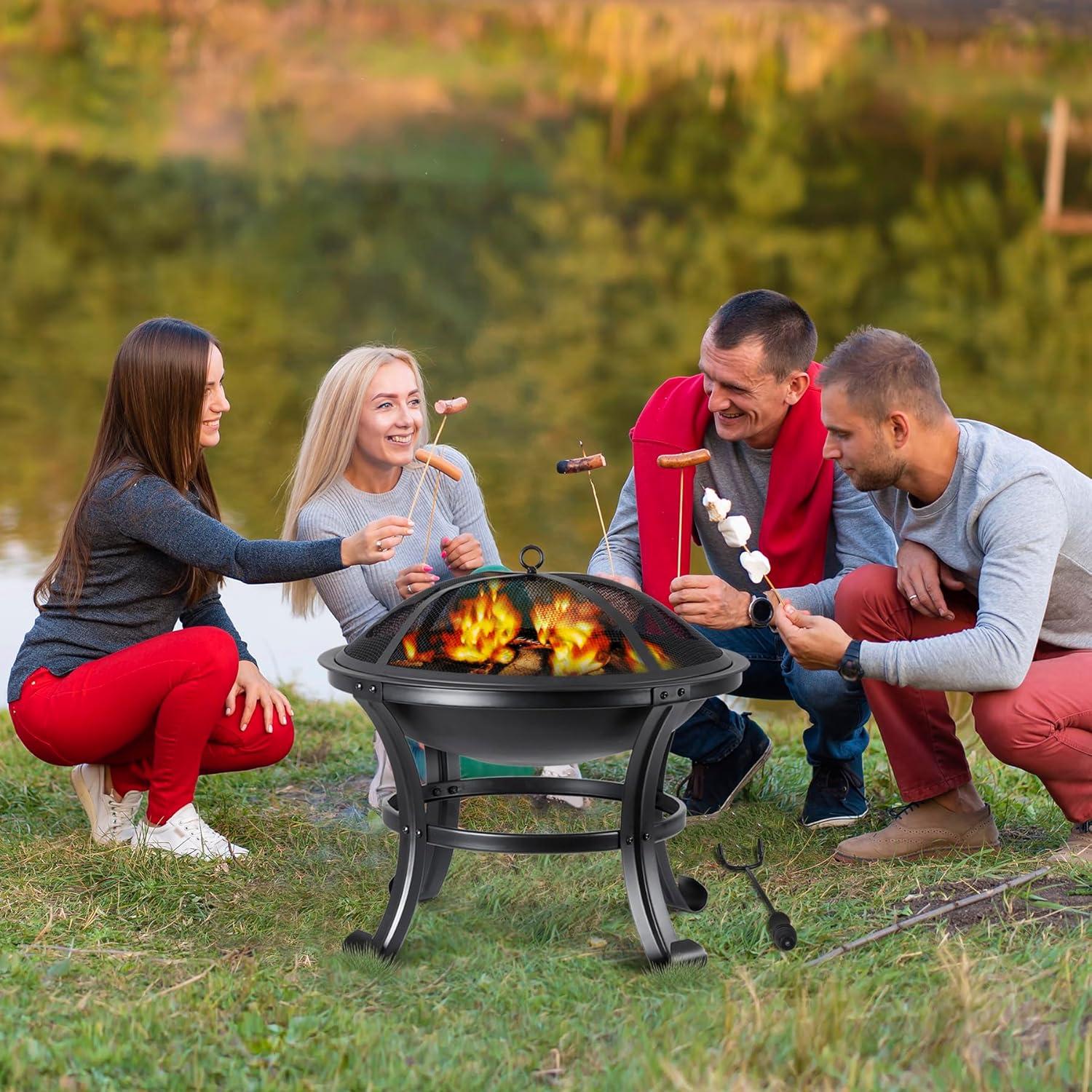 22-Inch Black Steel Round Fire Pit with Mesh Lid