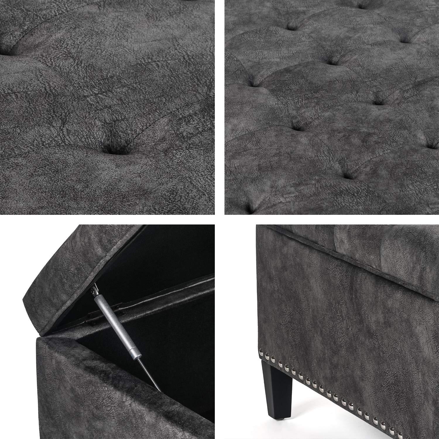 Adeco Large Square Footstool Fabric Ottoman with Storage Footstool, Dark Gray