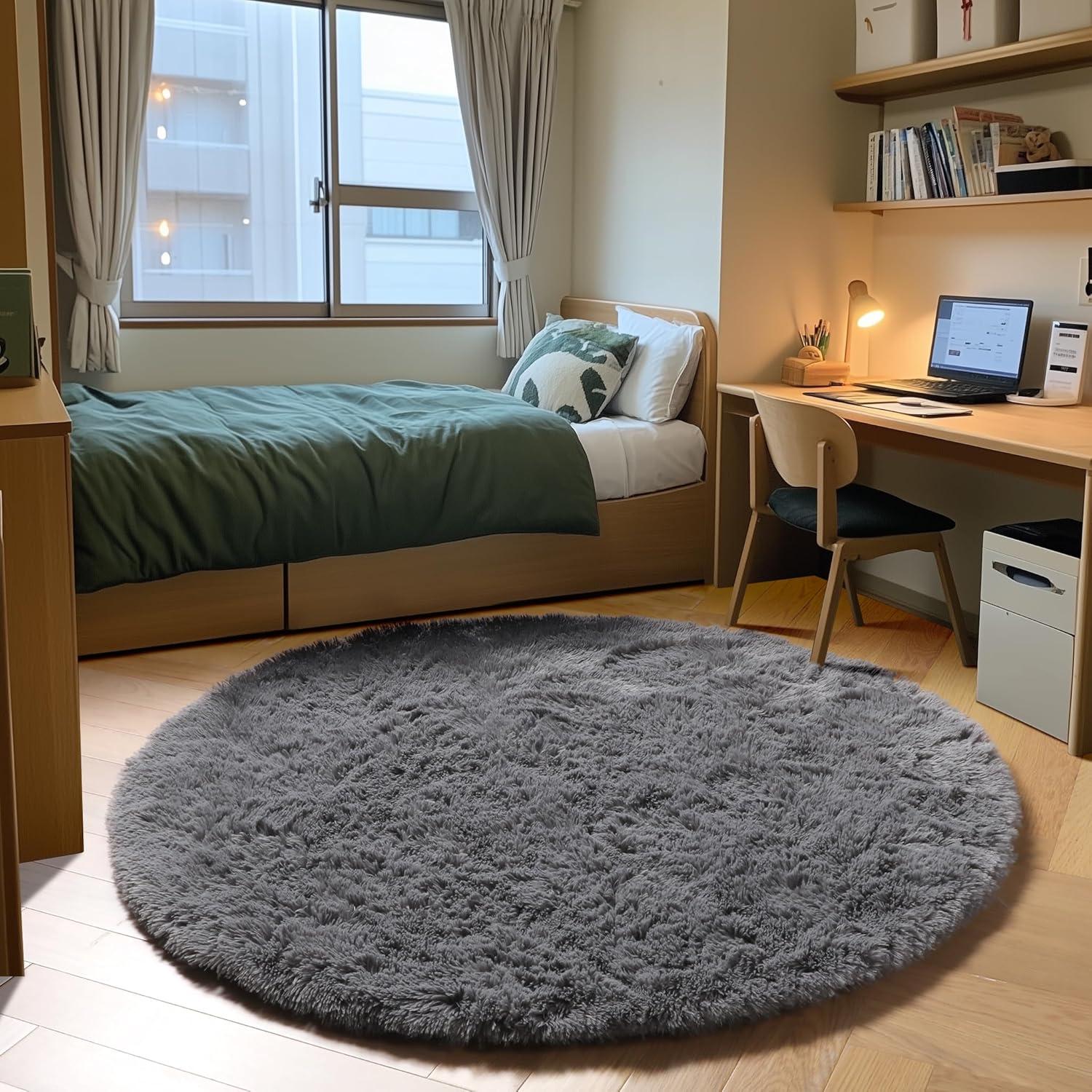 ONASAR Grey Round Area Rug 4ft, Gray Soft Bedroom Circle Throw Rugs for Kids Girls Boys Teen Dorm Room, Fluffy Plush Shaggy Carpet Mats for Nursery Living Room Playroom Home Office Decor Aesthetic
