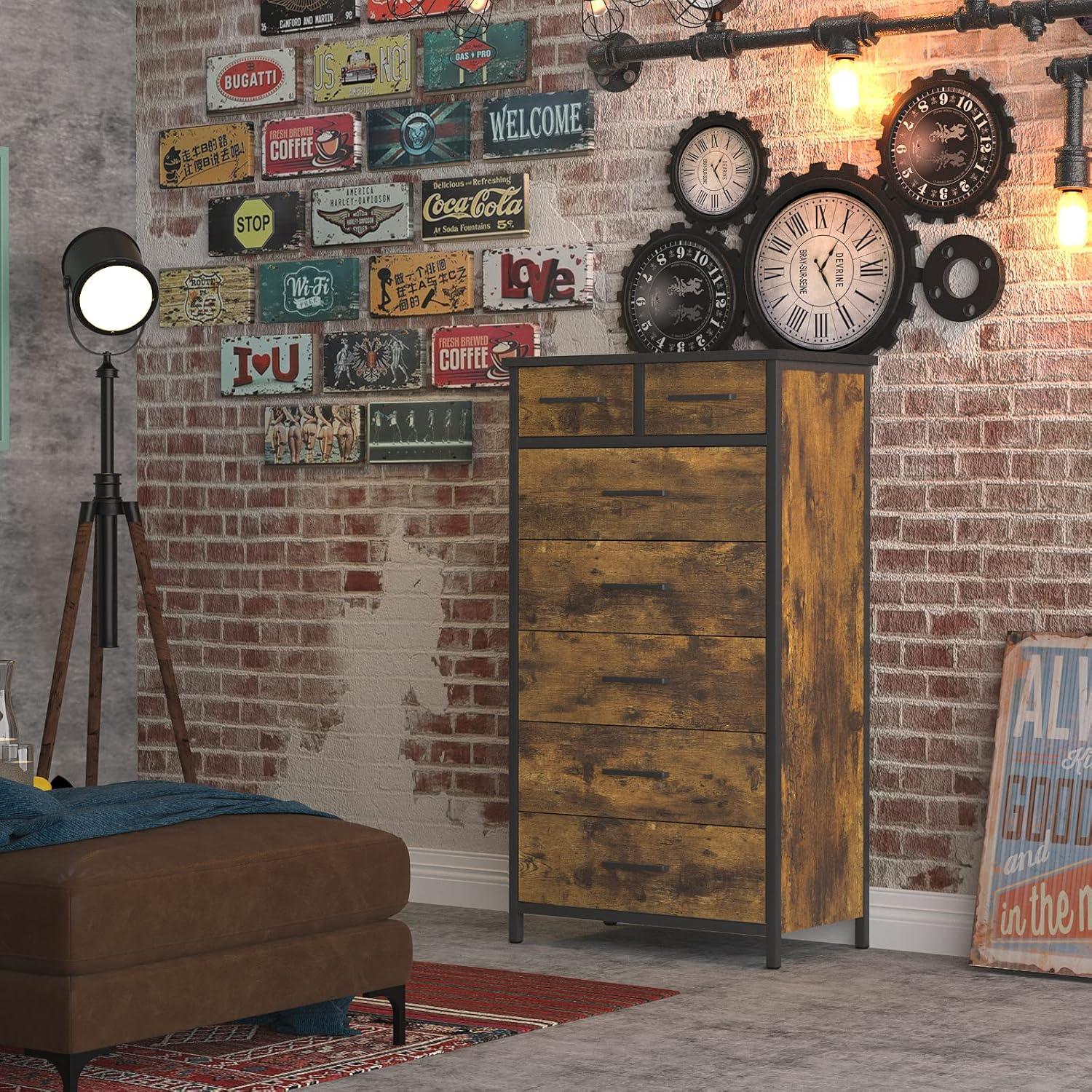 IKENO 7 Drawer Dresser, Industrial Wood Storage Dressers & Chests of Drawers with Sturdy Steel Frame, Storage Dresser for Bedroom Wood