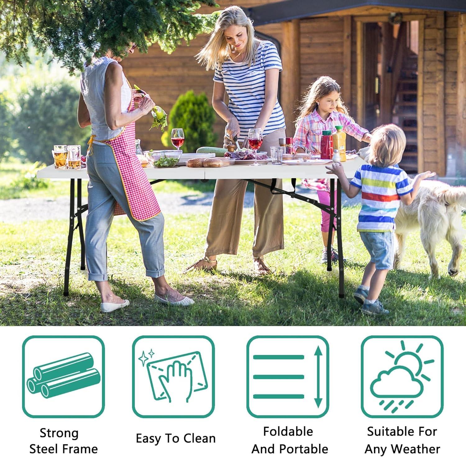 Folding Table 6 Foot,  Heavy-Duty, Portable Plastic Construction with Carrying Handle – Perfect for Picnics, Parties, and Office Indoor Outdoor Use, White