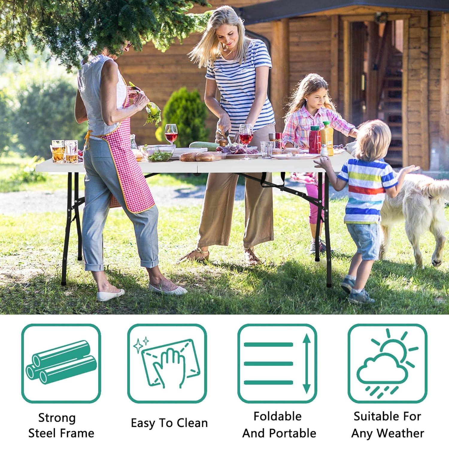 Folding Table 6 Foot,  Heavy-Duty, Portable Plastic Construction with Carrying Handle – Perfect for Picnics, Parties, and Office Indoor Outdoor Use, White