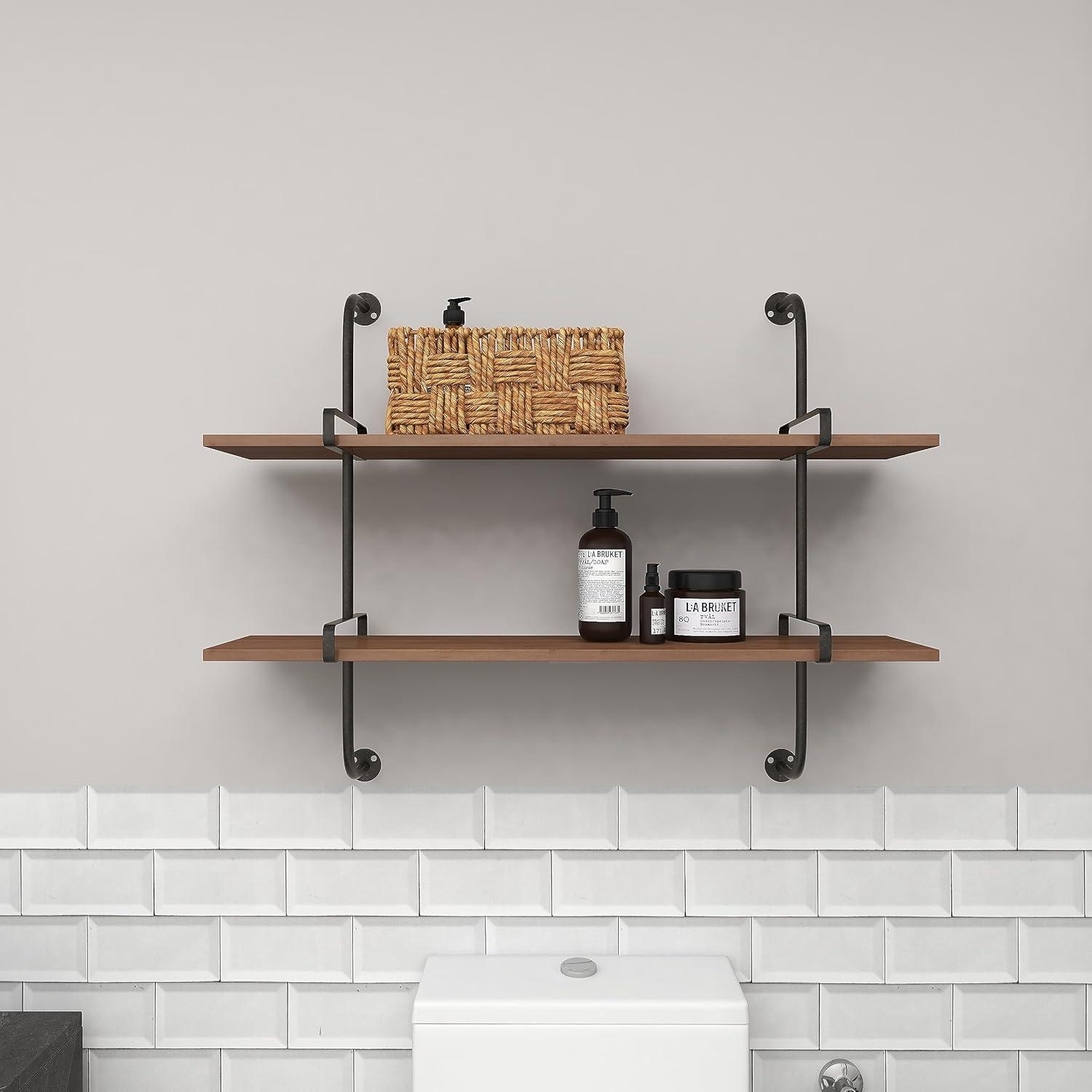 Brown Iron and Fir Wood 2-Tier Wall Shelf, 37" x 29"
