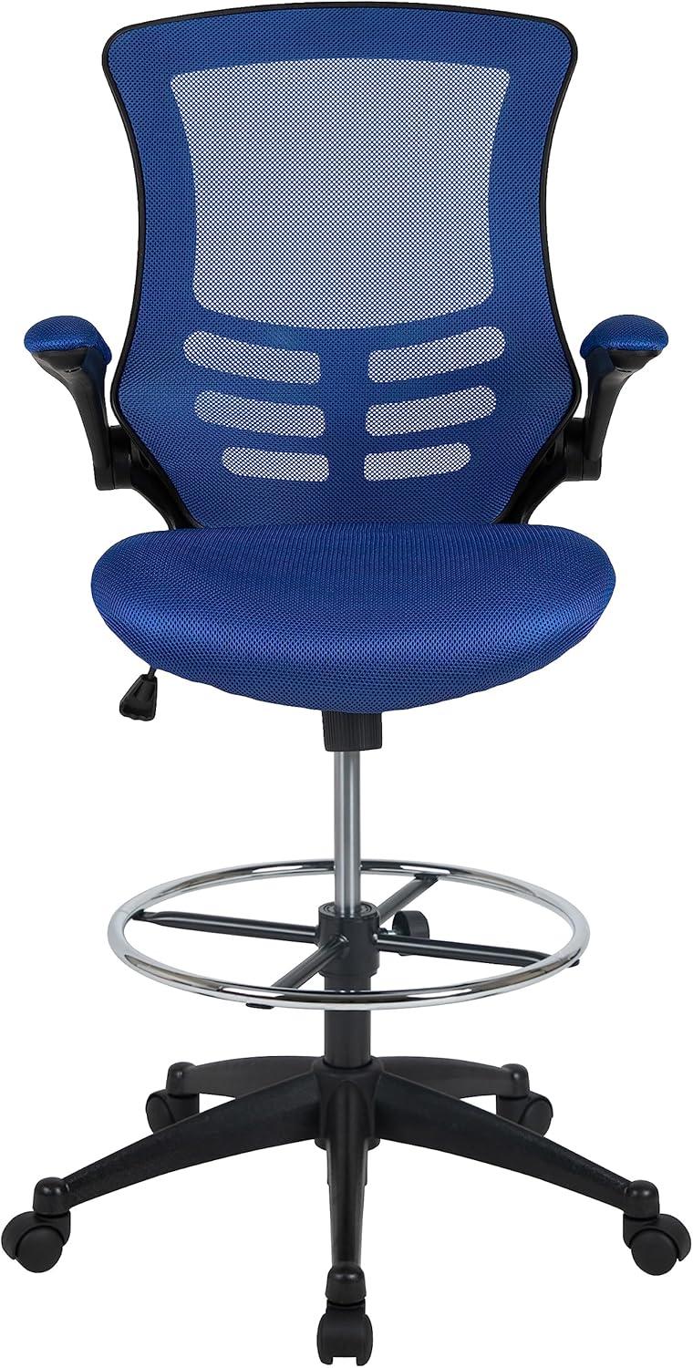 Flash Furniture Kelista Mid-Back Blue Mesh Ergonomic Drafting Chair with Adjustable Foot Ring and Flip-Up Arms