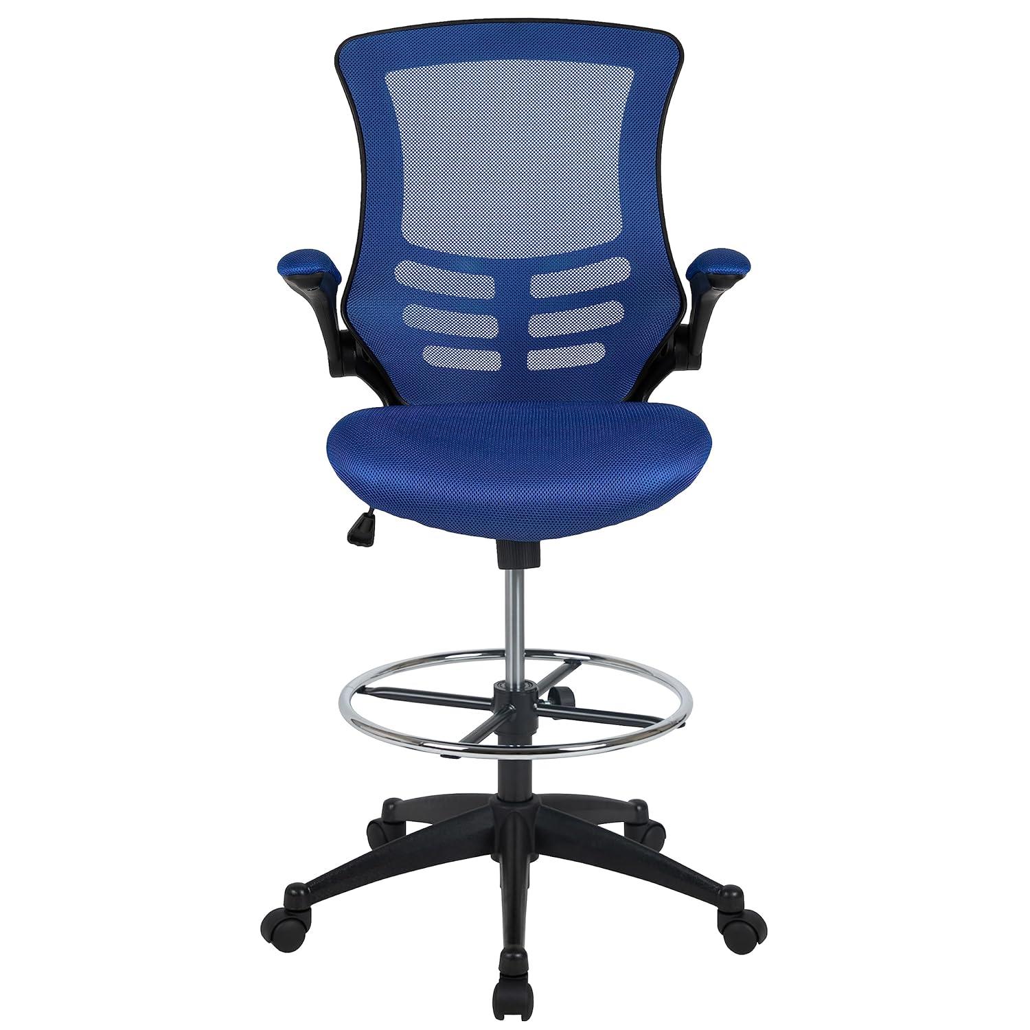 Emma and Oliver Mid-Back Red Mesh Ergonomic Drafting Chair with Foot Ring and Flip-Up Arms