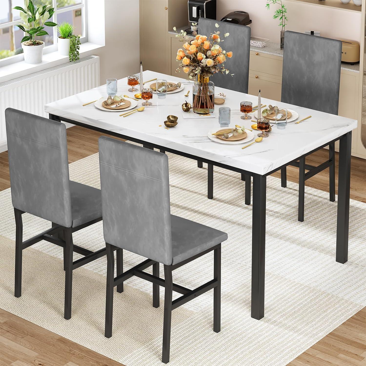 Recaceik 5-Piece Marble Dining Table Set with 4 Velvet Metal Frame Chairs for 4, 31.2"H Table