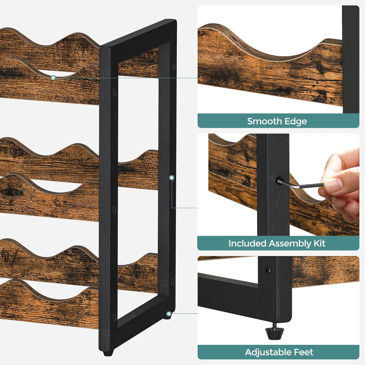 SONGMICS Wine Rack, 3 Tier Tabletop Wine Water Bottle Organizer Storage, Large Capacity Holds 12 Bottles, Bamboo Countertop Wine Holder Shelf for Kitchen Bar Cabinets Pantry, Rustic Brown and Black