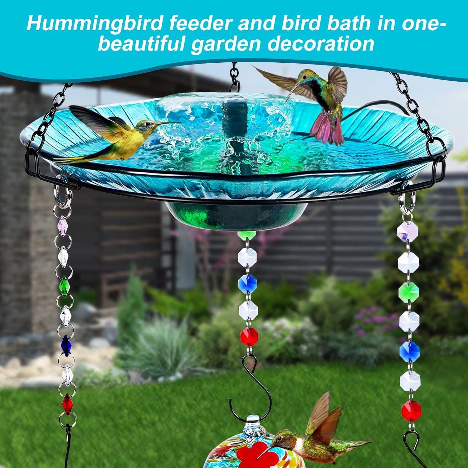 Hummingbird Feeder and Bird Bath for Outdoors 2-in-1 for Small Birds - Hummingbird Bath Fountain with 3 Red Feeder Pots - Hanging Solar Bird Bath Fountains