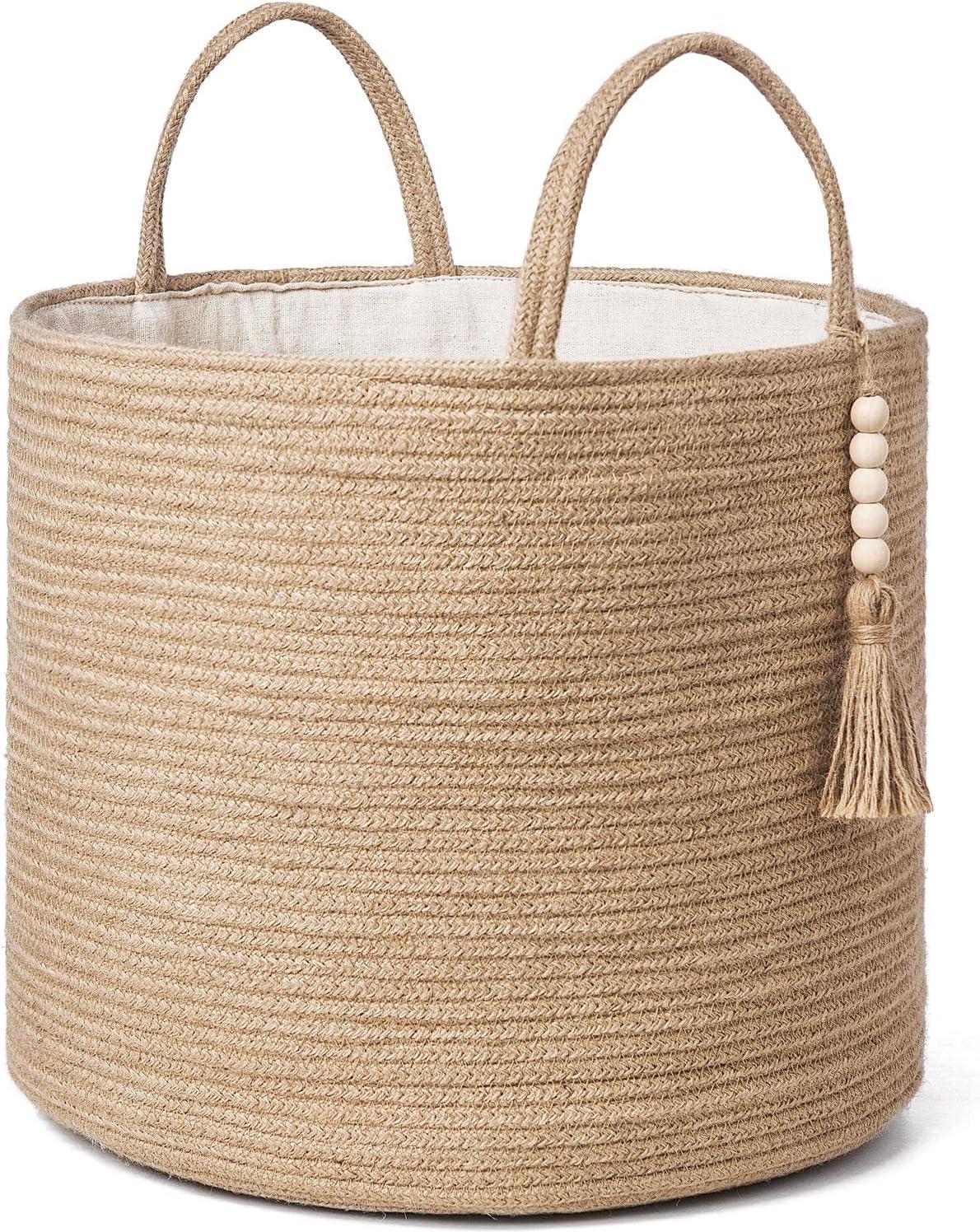 Wehilion Woven Storage Basket Decorative Natural Rope Basket Wooden Bead Decoration for Blankets,Toys,Clothes,Shoes,Plant Organizer Bin with Handles Living Room Home Decor, 16"x13"