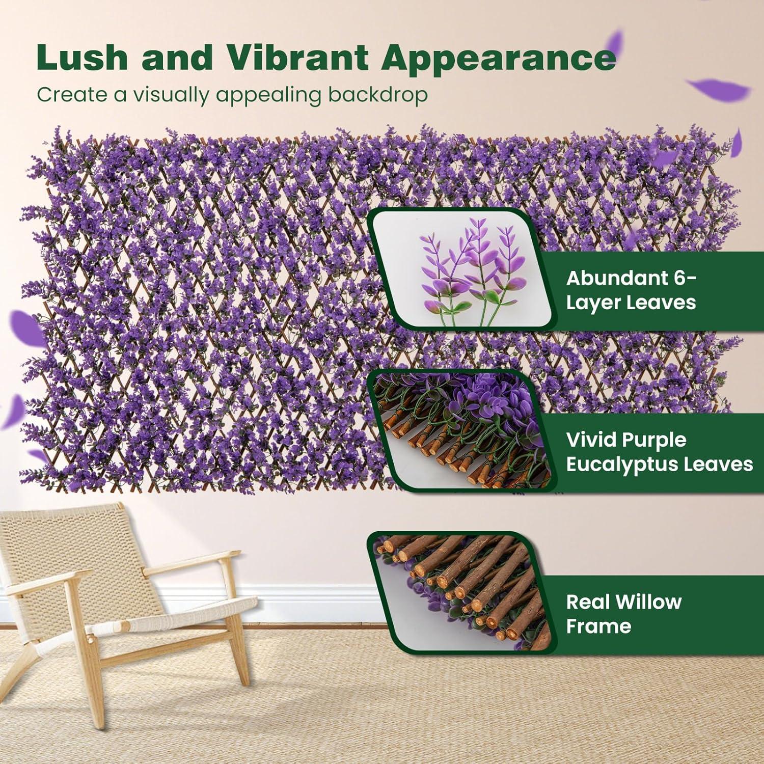 Tangkula Expandable Fence Privacy Screen Decorative Faux Purple Eucalyptus Fencing Panel