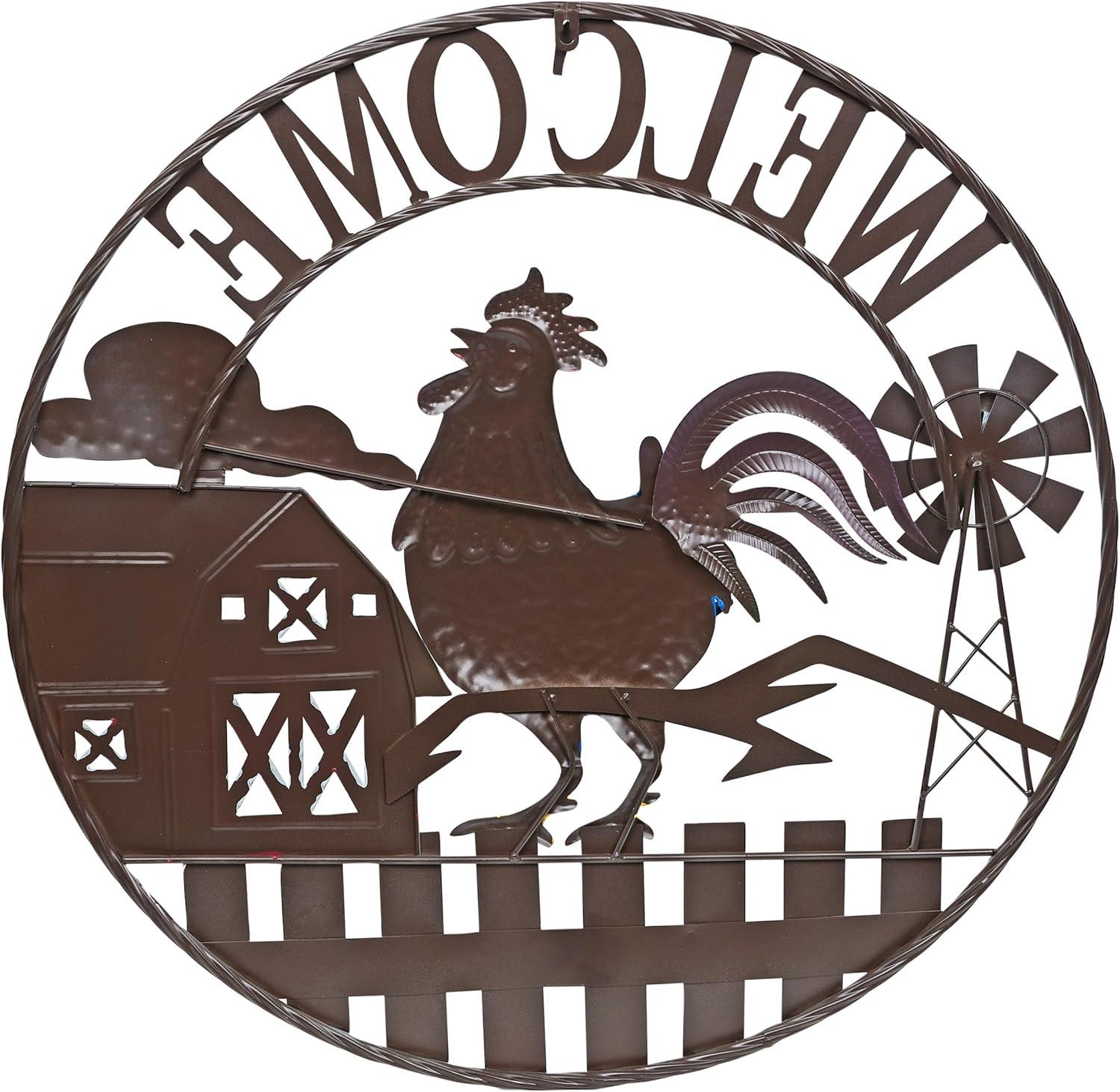 Alpine 30"H Large Round Rooster and Farm Welcome Wall Sign