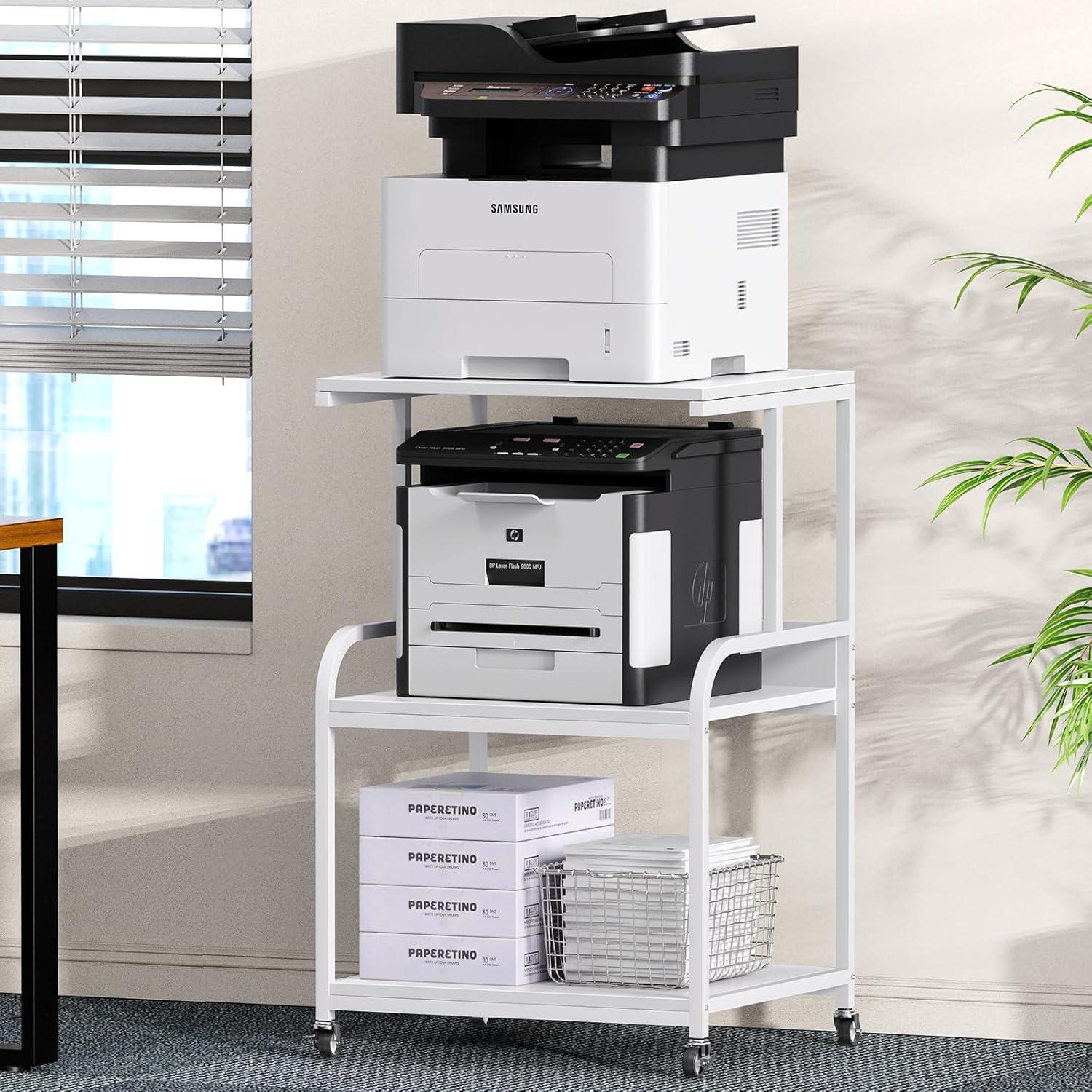 EasyCom Printer Stand- Large 3 Tier Printer Table with Wheels- Industrial Printer Storage Cart- Rolling Printer Cart with Storage Shelf for Printer Scanner Fax Home Office Use- White