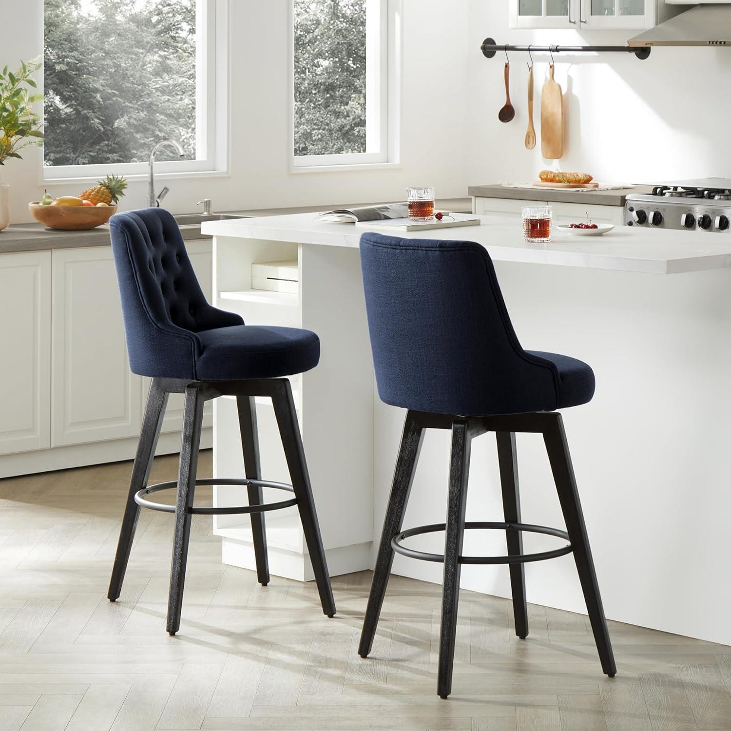 Insignia Blue Tufted Swivel Bar Stools with Black Wood Legs, Set of 2