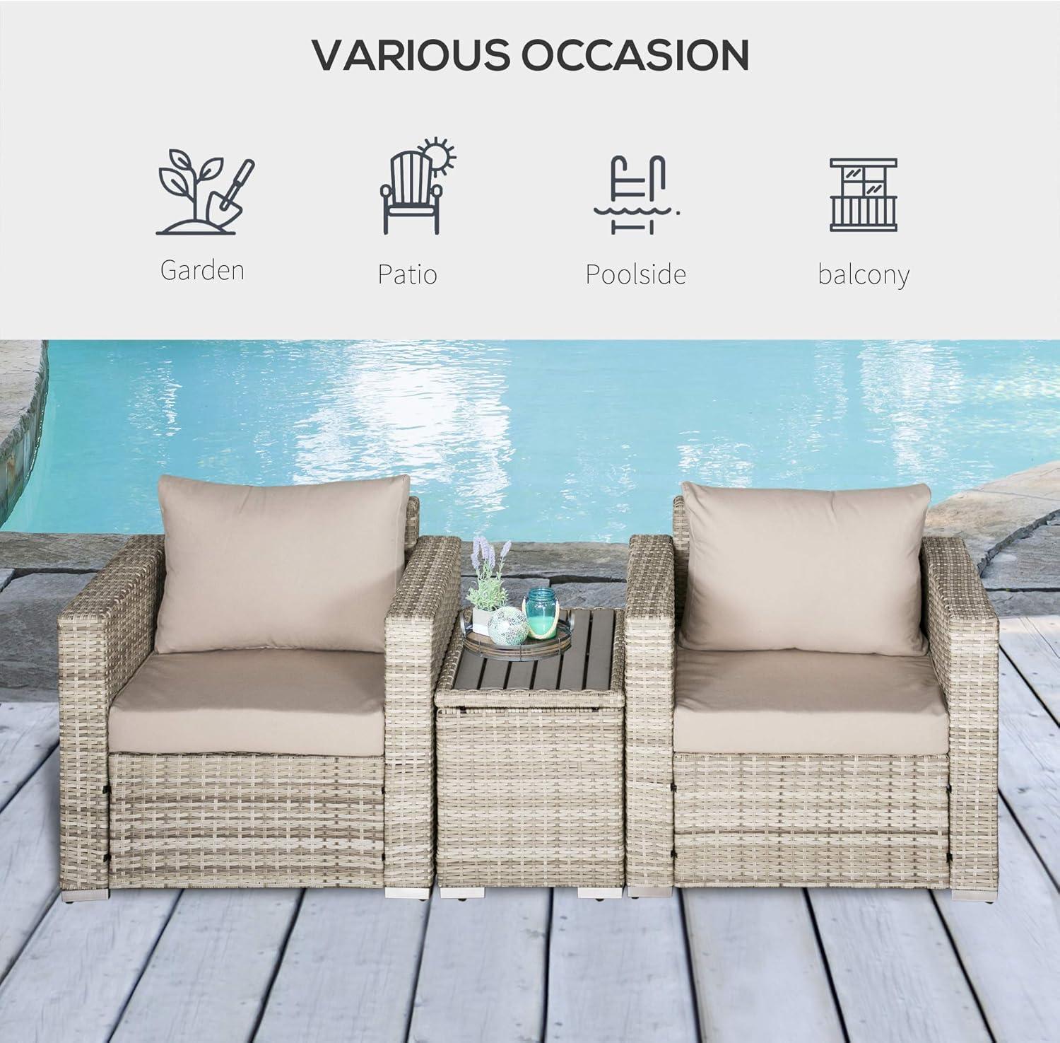 Outsunny 3 Piece Patio Furniture Set, PE Rattan Small Wicker Balcony Furniture, Table & Chairs with Cushions Composite Table for Apartment, Gray