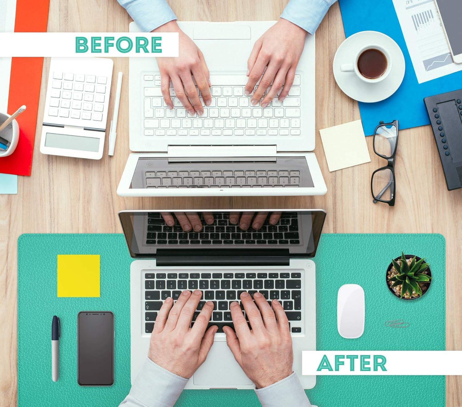 FTC PU Leather Desk Pad and Blotter, Non-Slip Flannelette Base, Stitched, Mouse and Writing Mat - 31.5” x 15.75” Turquoise