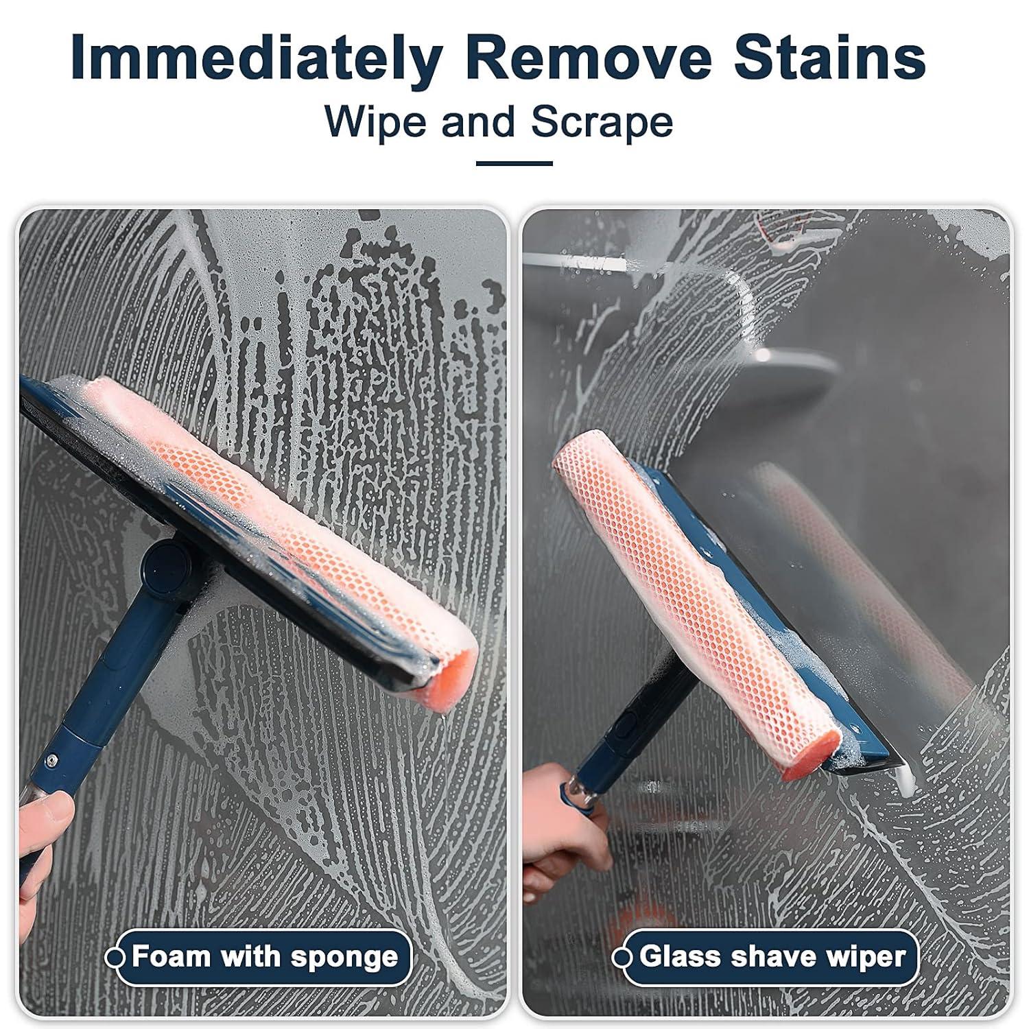 Multi-Use Window Squeegee with 56" Long Handle,2 in 1 Window Cleaning Tools with Dual Side Blade Rubber & Scrubber Sponge, Shower Squeegee for Glass Doors, car Windshield, Glass, Mirror