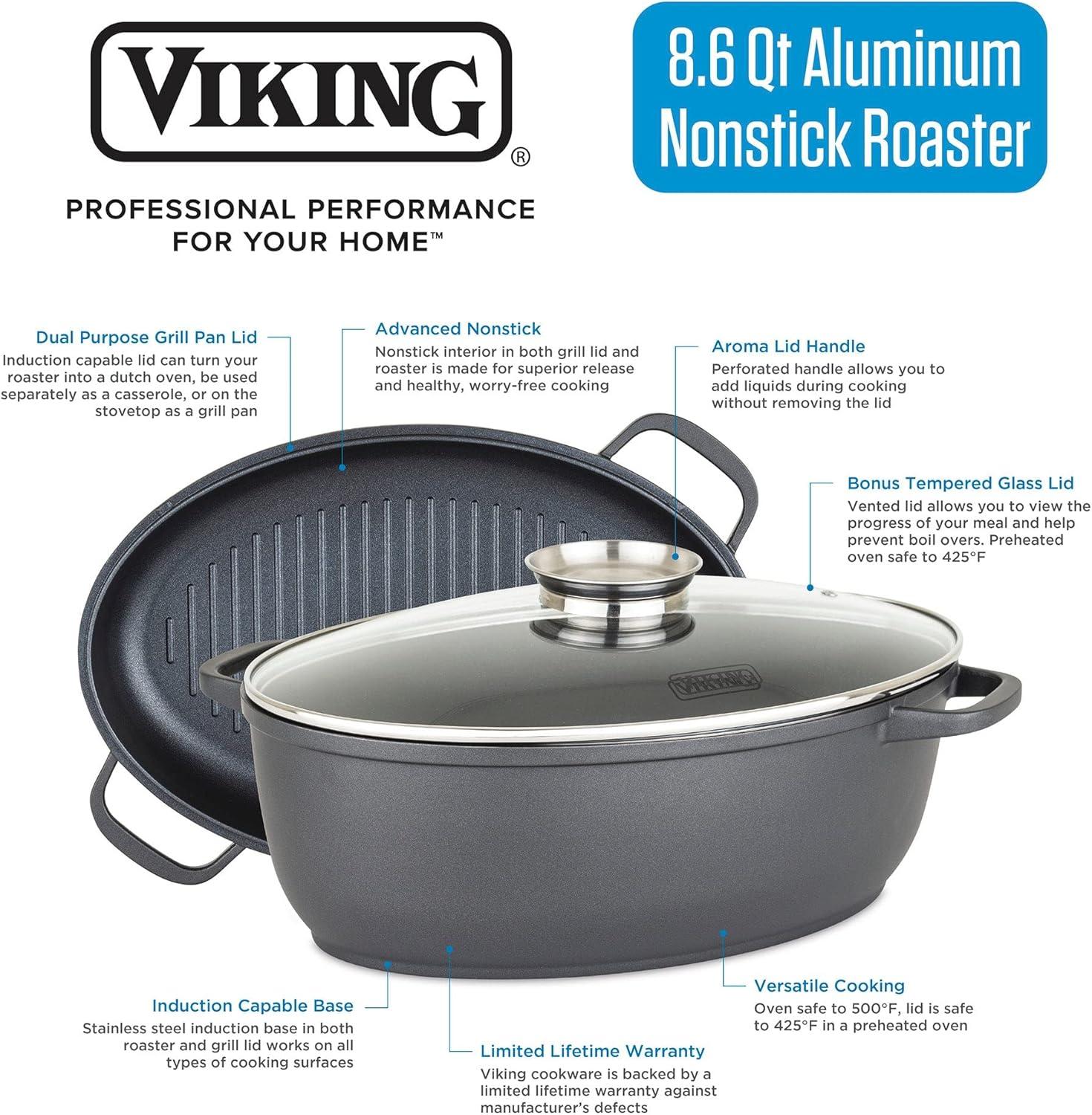Viking Culinary 3-in-1 8.6 Qt Die Cast Oval Roaster with Glass Basting Lid,Gray,40041-1632C