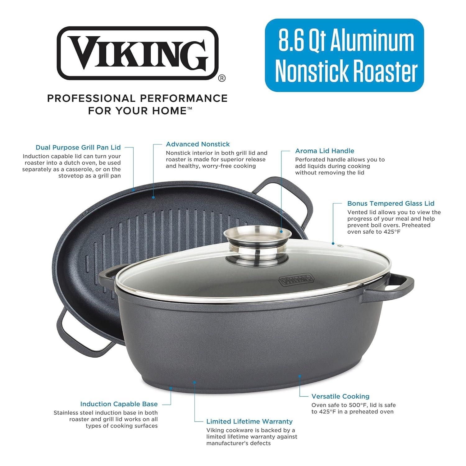 Viking Culinary 3-in-1 8.6 Qt Die Cast Oval Roaster with Glass Basting Lid,Gray,40041-1632C