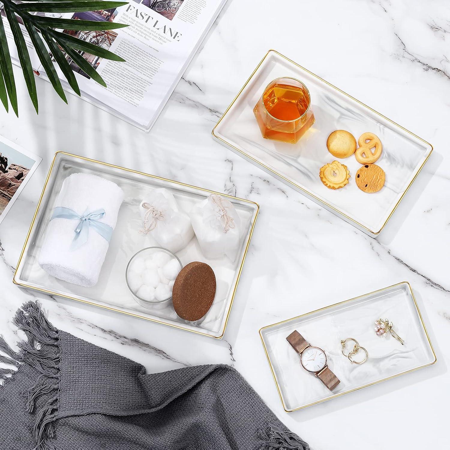 Luxspire Bathroom Vanity Tray, 11" Marble Ceramic Bathroom Trays for Counter, Gold and White Tray for Dresser, Kitchen Counter Tray, Perfume Tray, Bathroom Accessories, Medium, Marble White
