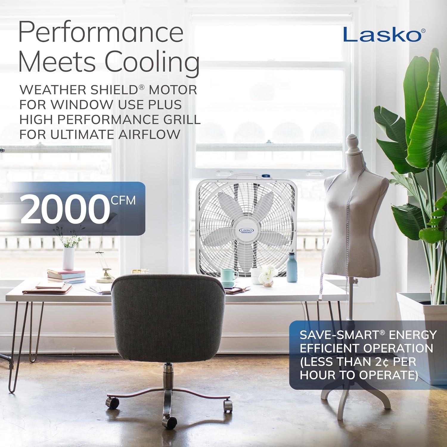 Lasko 20 Weather-Shield Performance Box Fan-Features Innovative Wind Ring System for Up to 30% More Air, 20 Inch, 3720