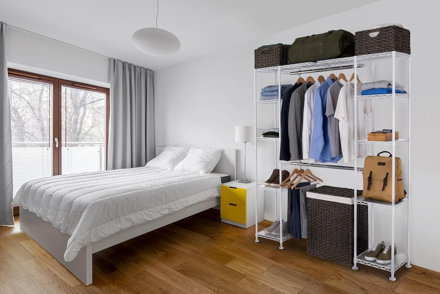 White Expandable Steel Closet Organizer System with Adjustable Shelves