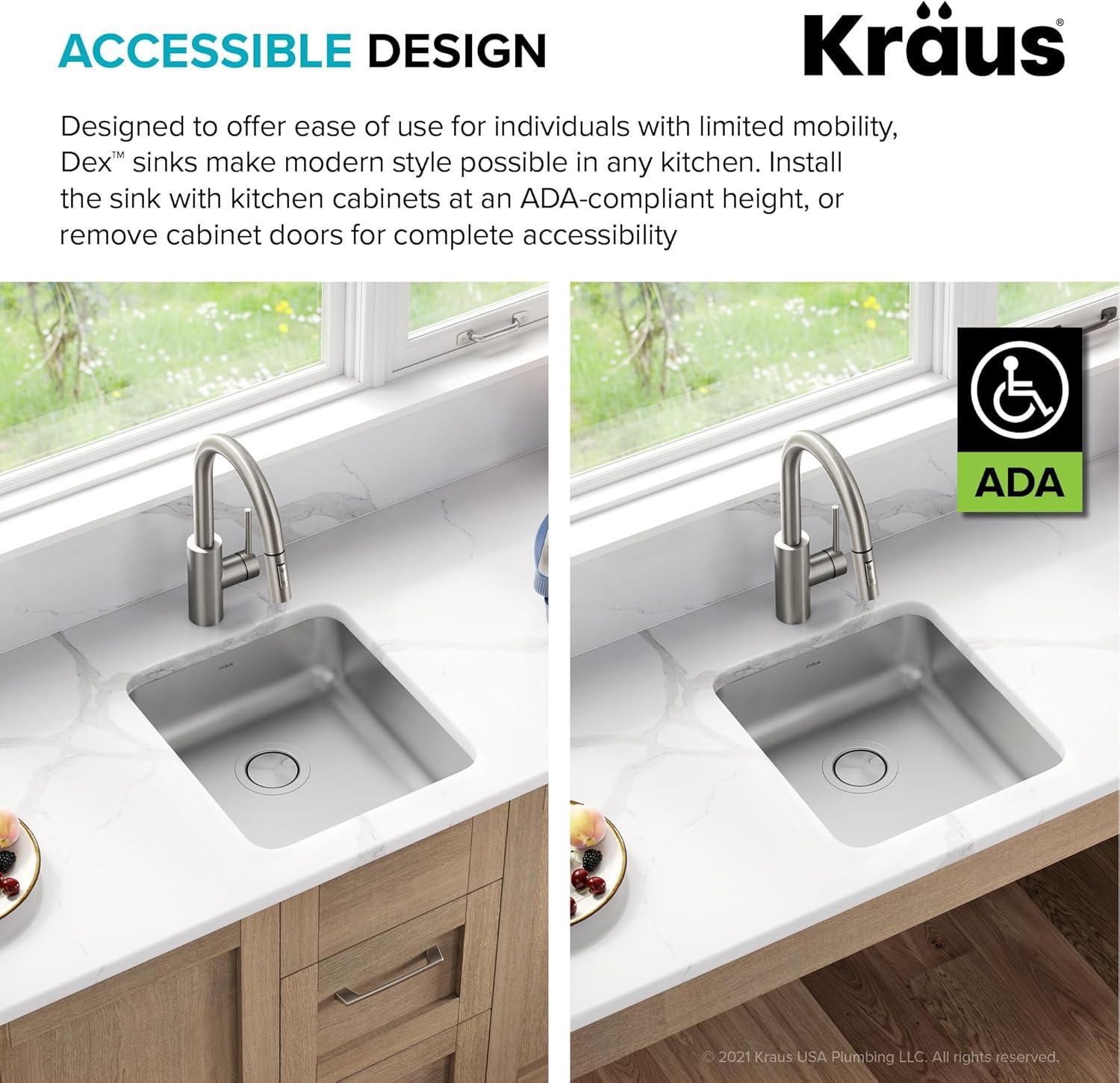 Dex™️ Series KRAUS 17" L Undermount 16 Gauge Stainless Steel Single Bowl Kitchen Sink