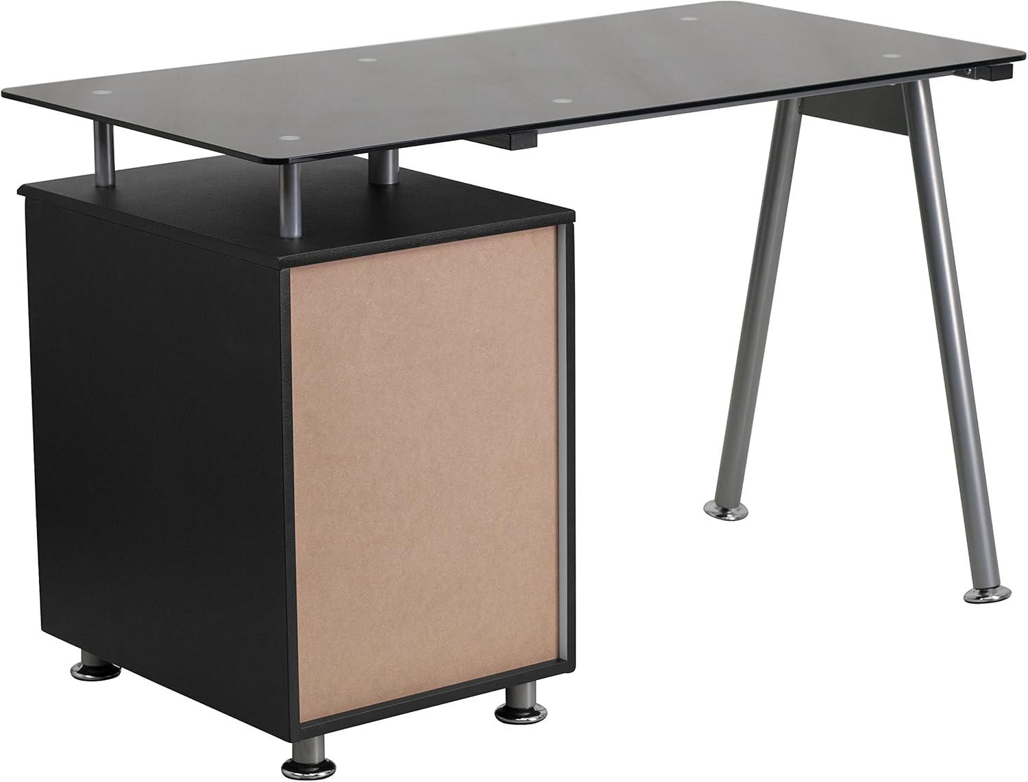 Emma and Oliver Black Glass Computer Desk with Three Drawer Pedestal