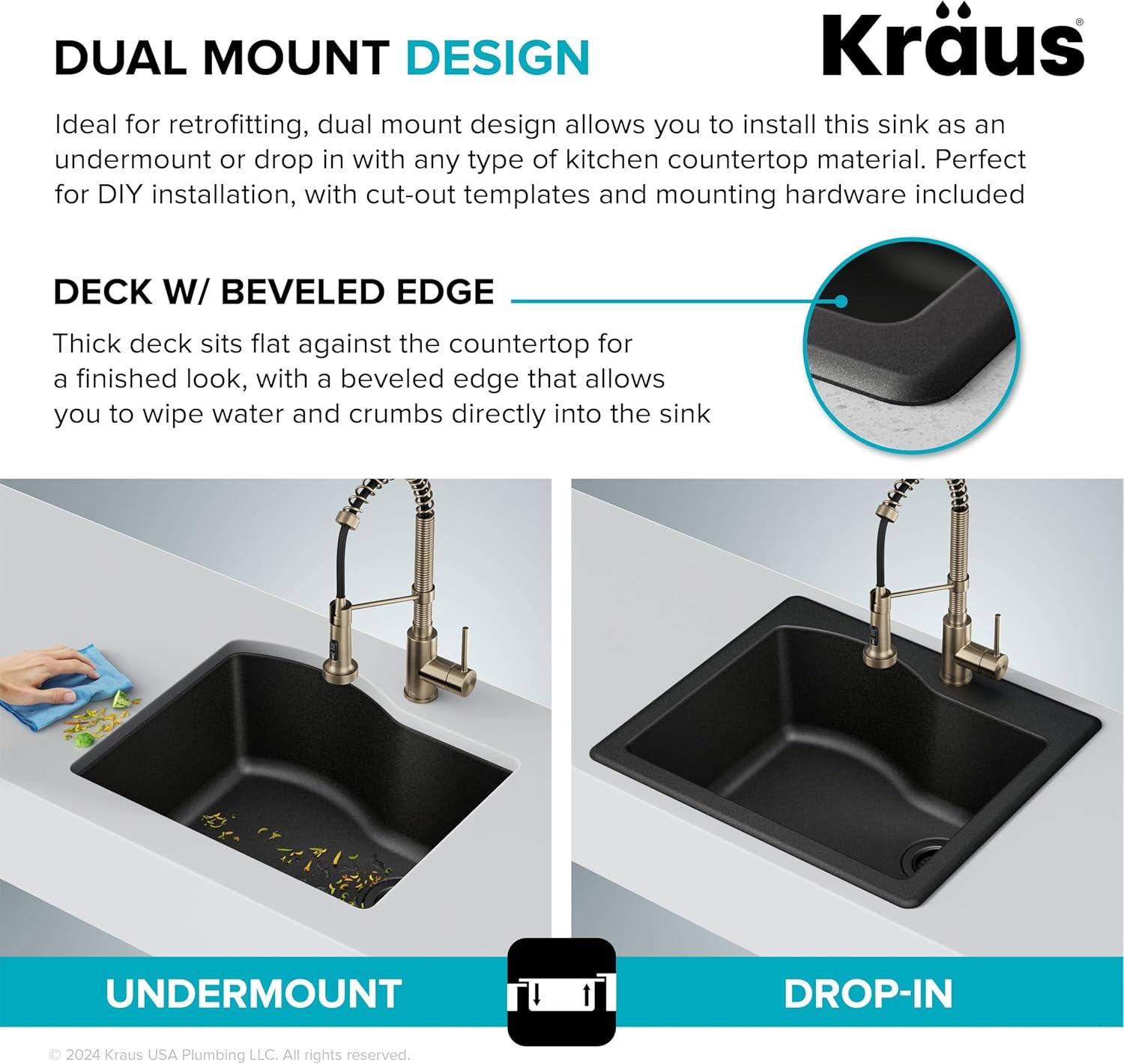 KRAUS Quarza™ 25" L Dual Mount Single Bowl Granite Kitchen Sink