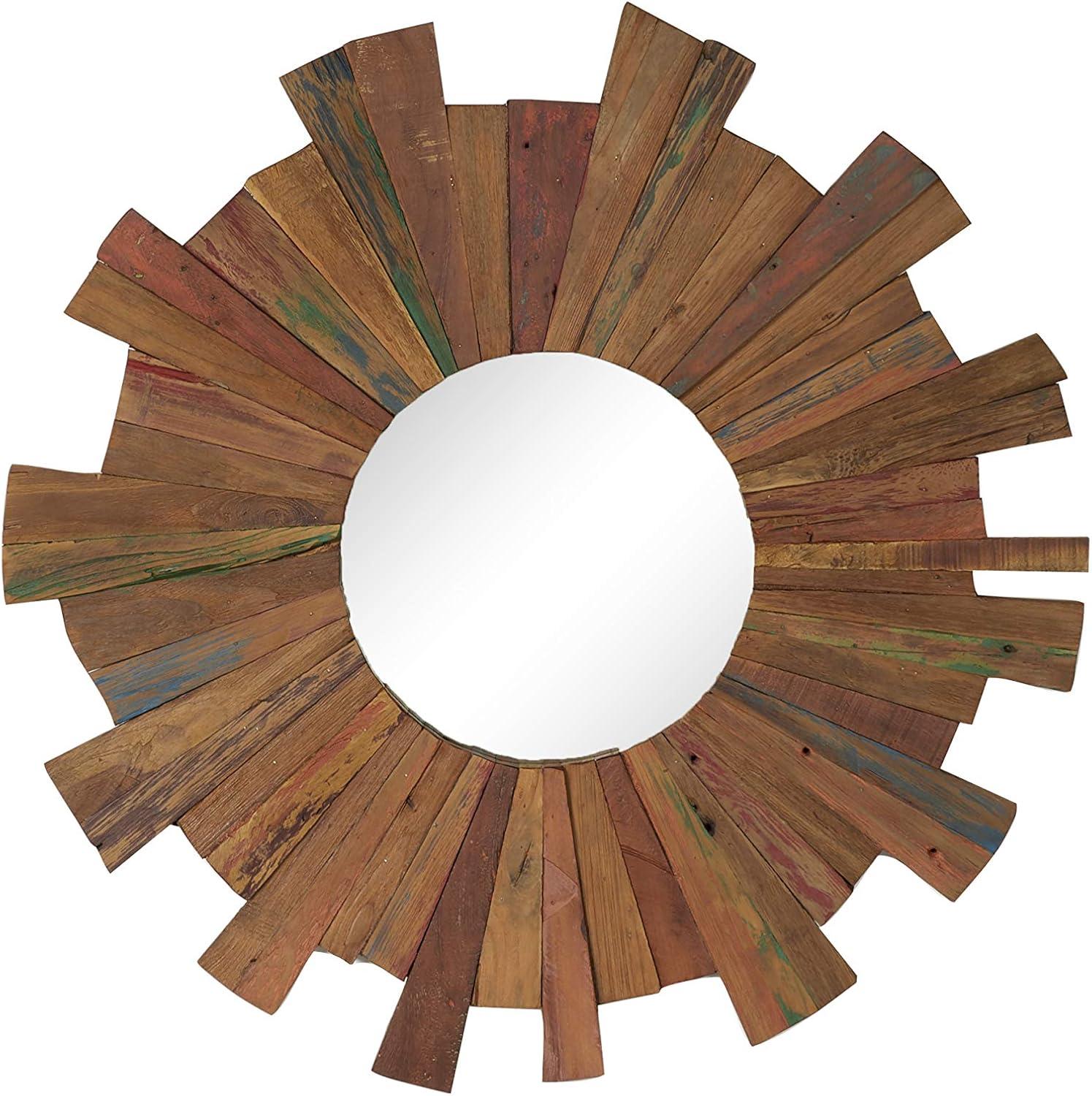 Large Eclectic Multicolor Reclaimed Wood Round Wall Mirror