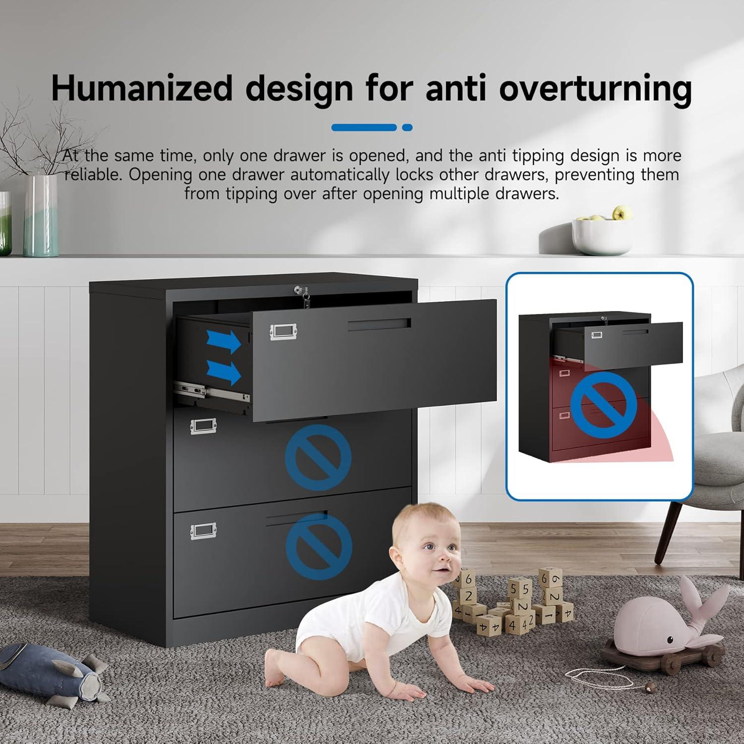 MIIIKO Lateral File Cabinet with Lock, 3 Drawer Lateral Filing Cabinet, Large Deep Drawers Locked by Keys, Metal Storage File Cabinet for Hanging Files Letter/Legal/F4/A4 Size