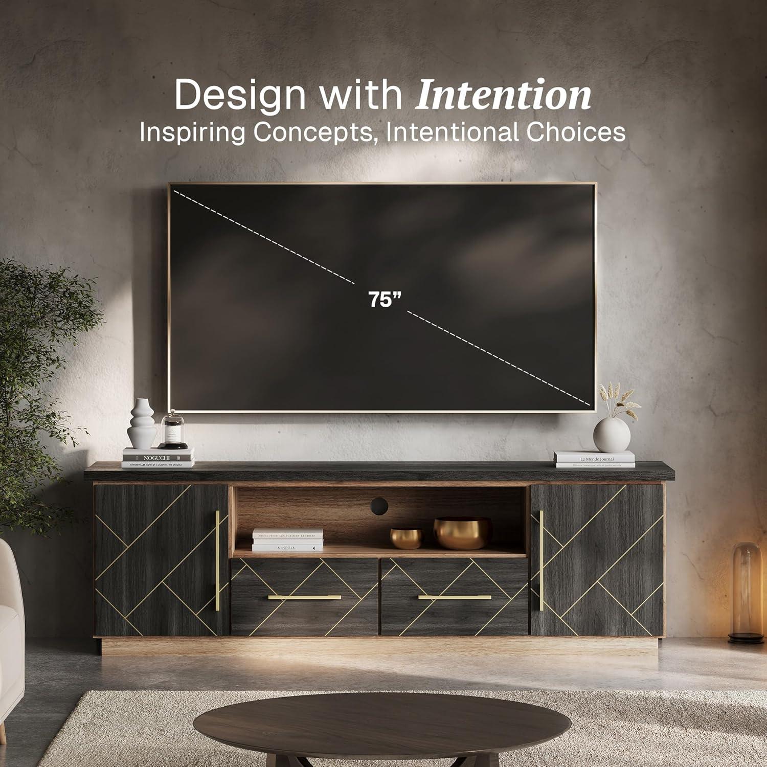 BELLEZE 70 Inch Modern TV Stand with Gold Trim, Elegant Entertainment Center with Storage, Media Console Table with Drawers & Open Shelves for Living Room, Bedroom, Home Theater (Espresso Black)