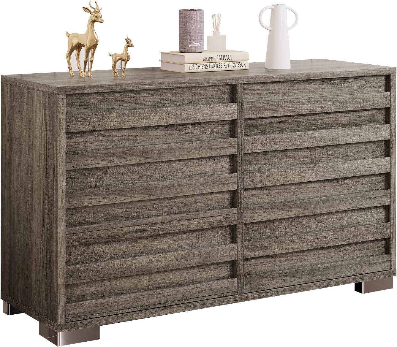 Rustic Gray Farmhouse Double Dresser with Slat Handles