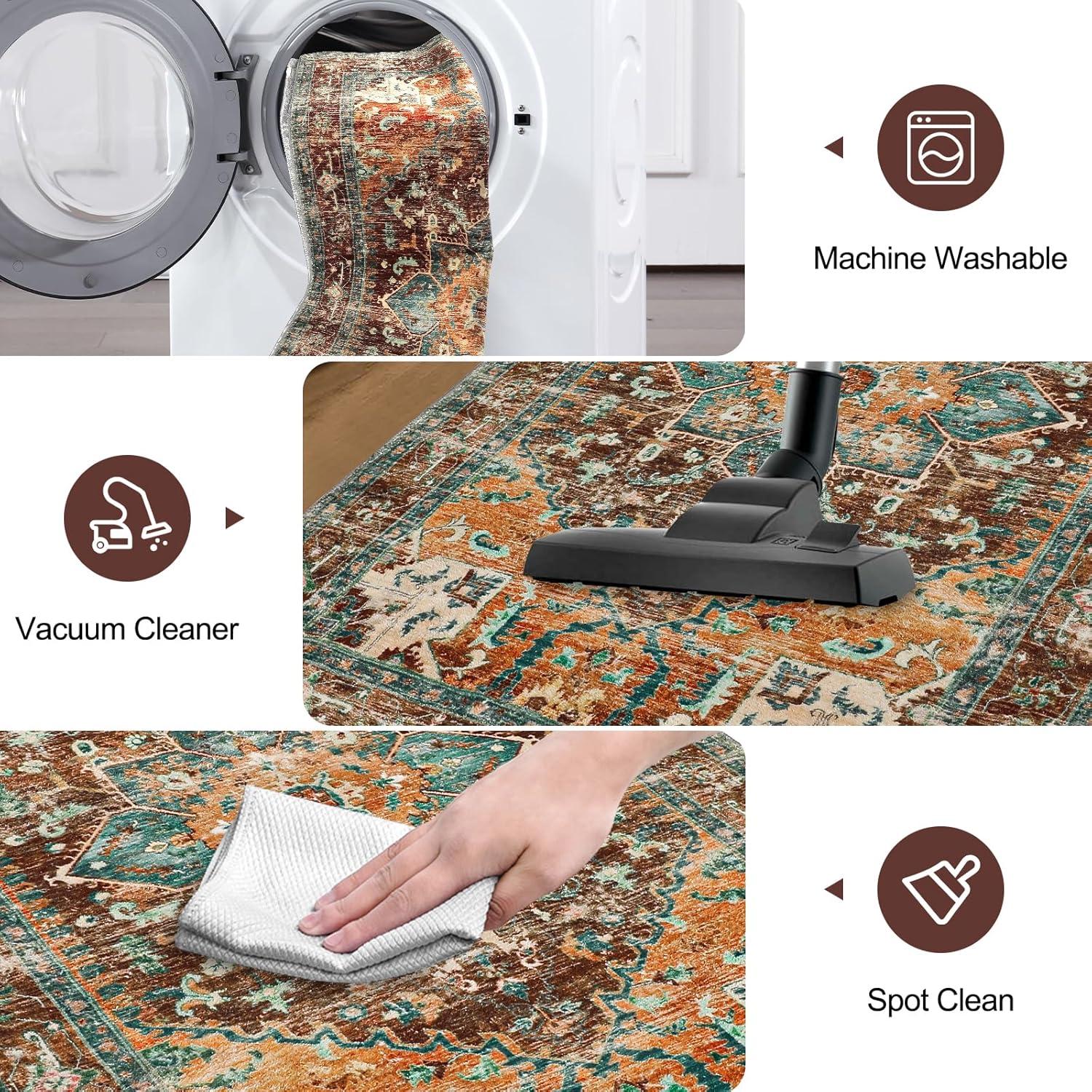 Washable Runner Rug, 2'3" x 14' Non-Slip Boho Vintage Hallway Rug Runner with Rubber Backing, Stain Resistant & Low Pile Faux Wool Distressed Carpet Runner for Bedroom, Kitchen, Laundry, Entrance