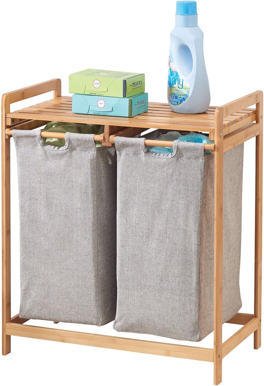 mDesign Bamboo Freestanding Double Laundry Basket Hamper Organizer - Natural/Tan