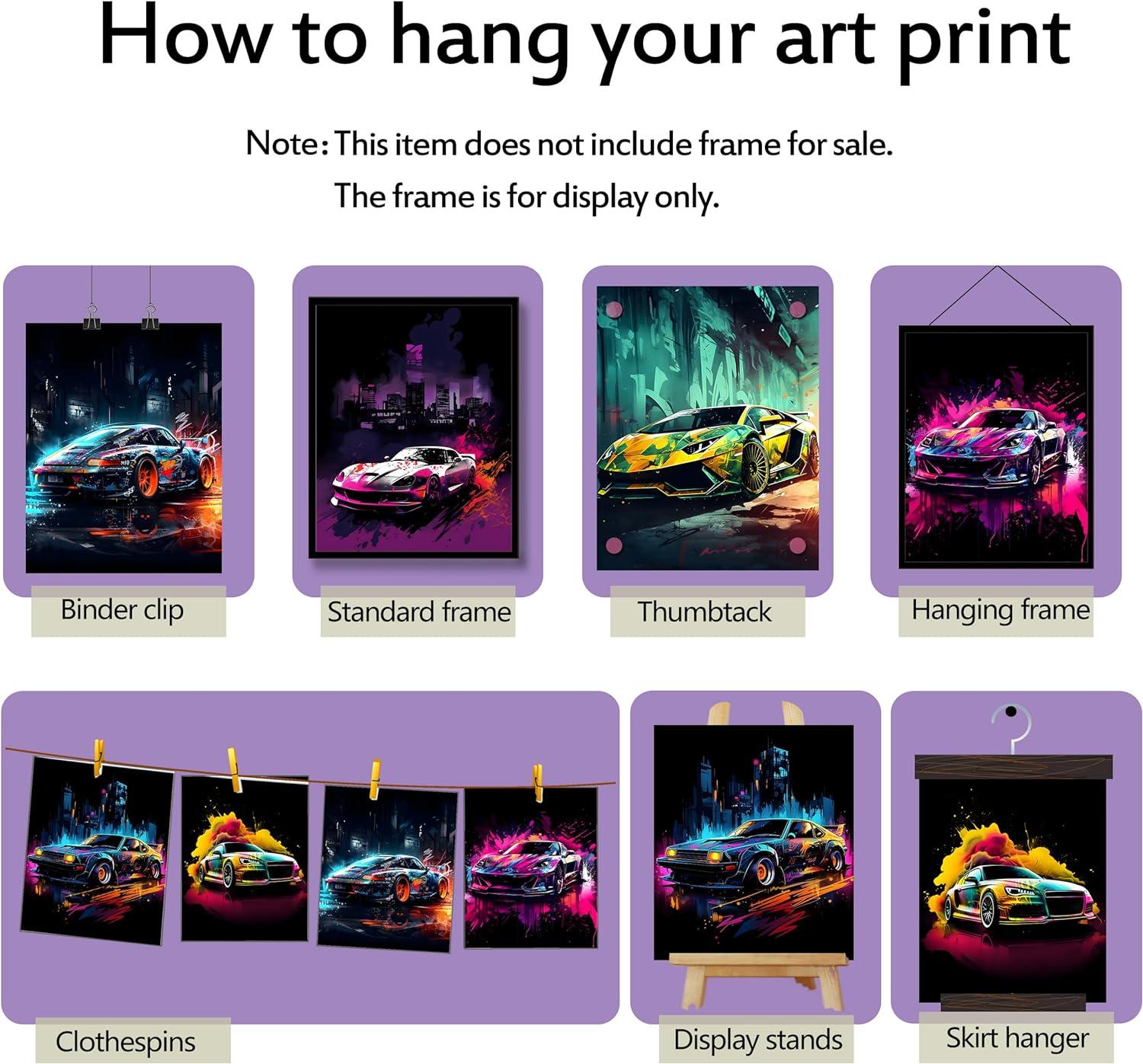 Car Wall Art Prints Set of 6 Street Racing Car Posters Fashion Wall Decor Colorful Landscape Car Paintings Modern Car llustration Aesthetic Photo Picture Canvas Art Painting for Living Room Hallway