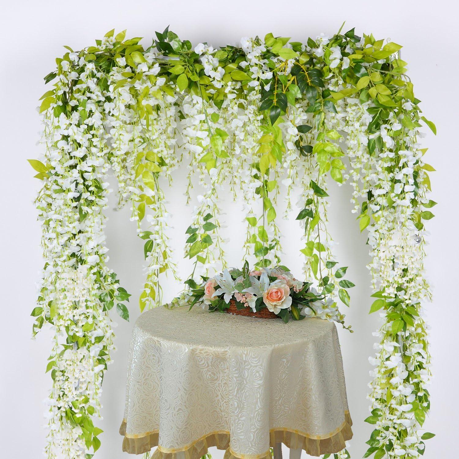 COM4SPORT Wisteria Artificial Flowers Garland, 4Pcs Total 28.8ft White Artificial Wisteria Vine Silk Hanging Flower for Home Garden Outdoor Ceremony Wedding Arch Floral Decor