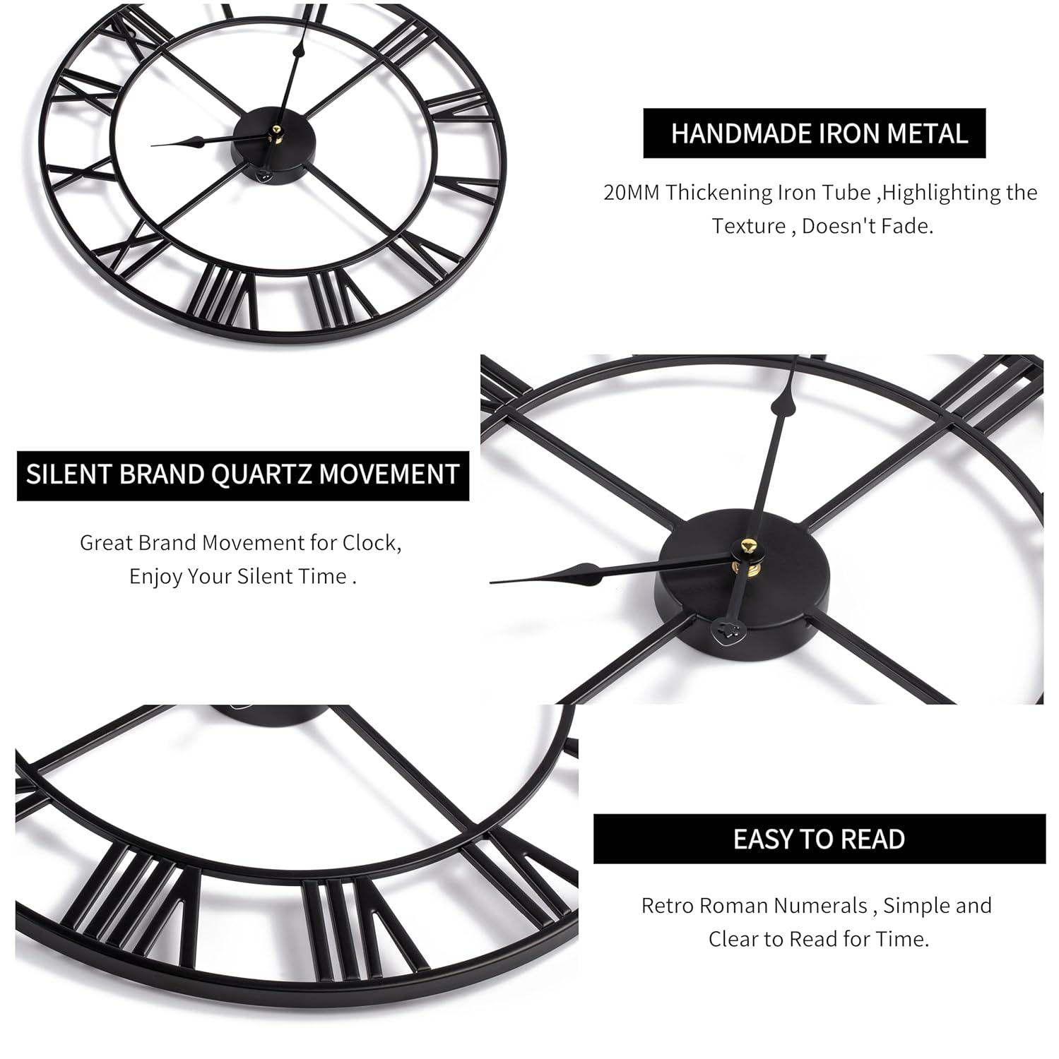 Large Vintage Round Metal Wall Clock Silent Non Ticking Battery Operated Black Roman Numerals Clocks For Living Room Bedroom Kitchen Decoration