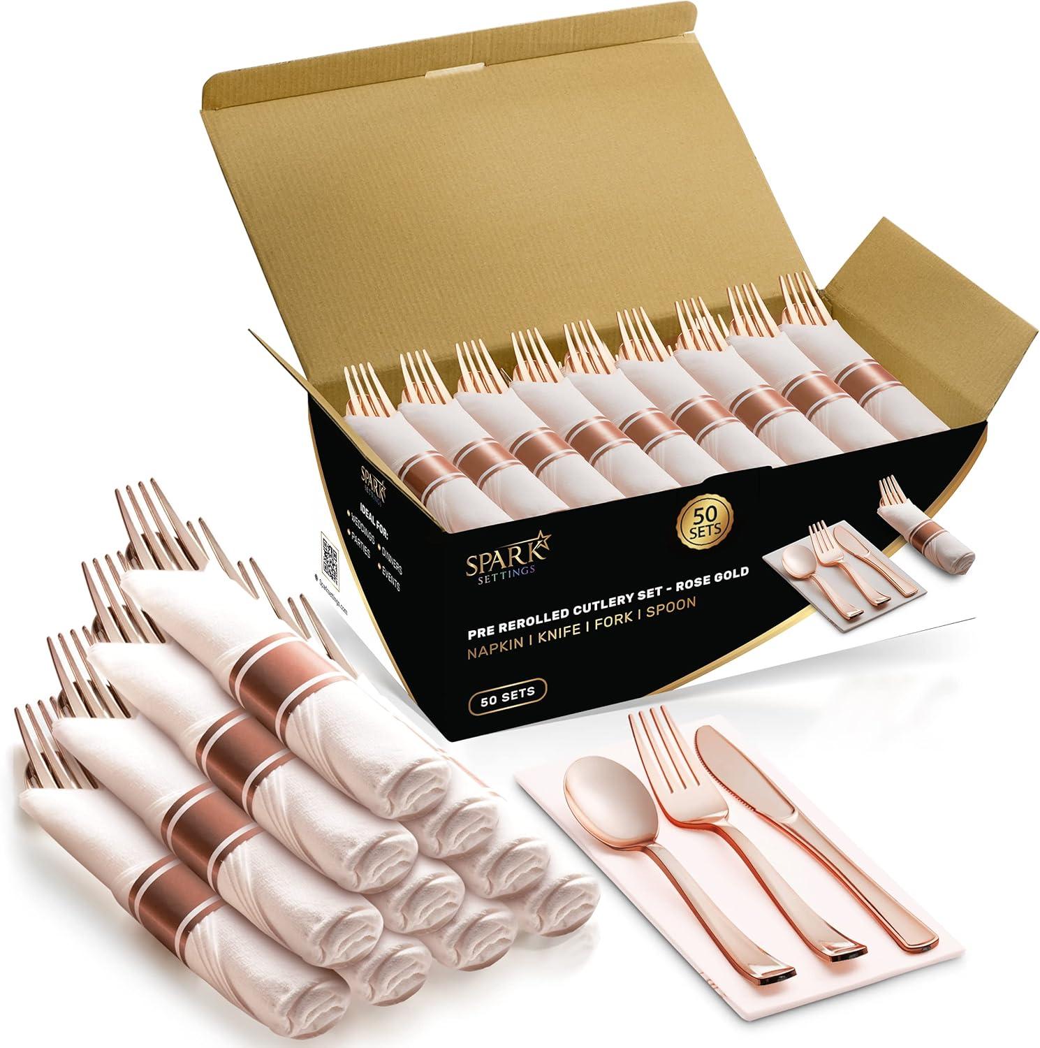 SparkSettings Rose Gold Plastic Silverware, 50 Pre Rolled Napkin and Cutlery Set